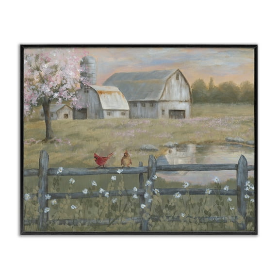 Stupell Industries Blossoming Trees Birds Perched Country Farm Fence Painting Black Framed Art Print Wall Art, Design by Pam Britton