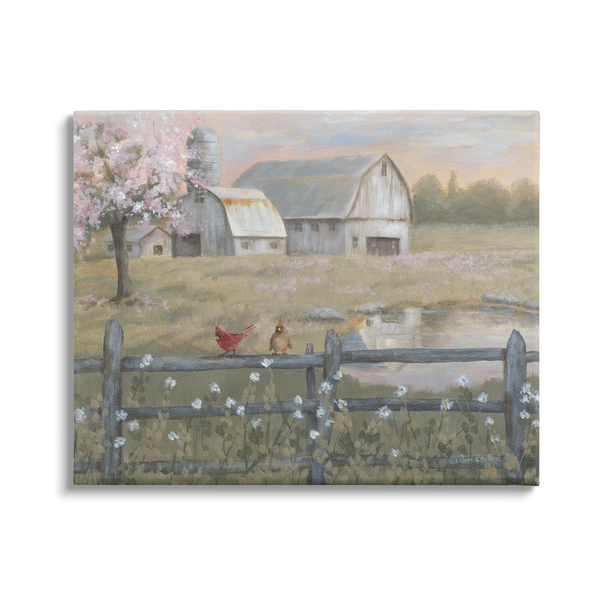 Blossoming Trees Birds Perched Country Farm Fence Canvas Art