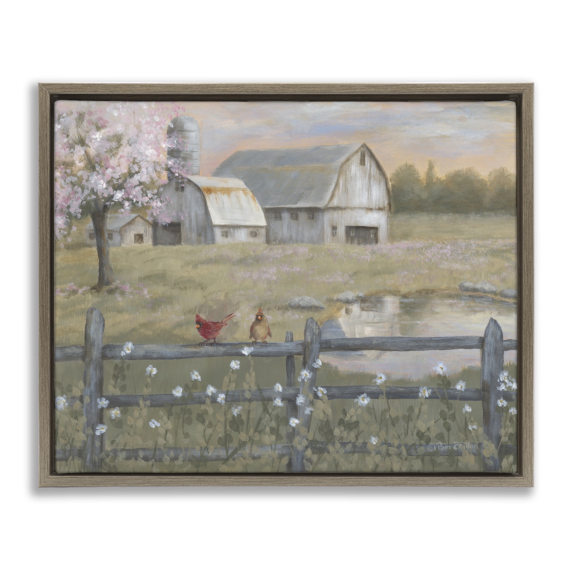 Stupell Industries Blossoming Trees Country Farm Landscape Painting Brown Floater Framed Canvas Art Print Wall Art, 31 x 25