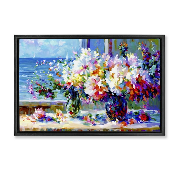Stupell Industries Blossoms By The Sea Botanical & Floral Painting Black Floater Framed Art Print Wall Art, 25 x 17