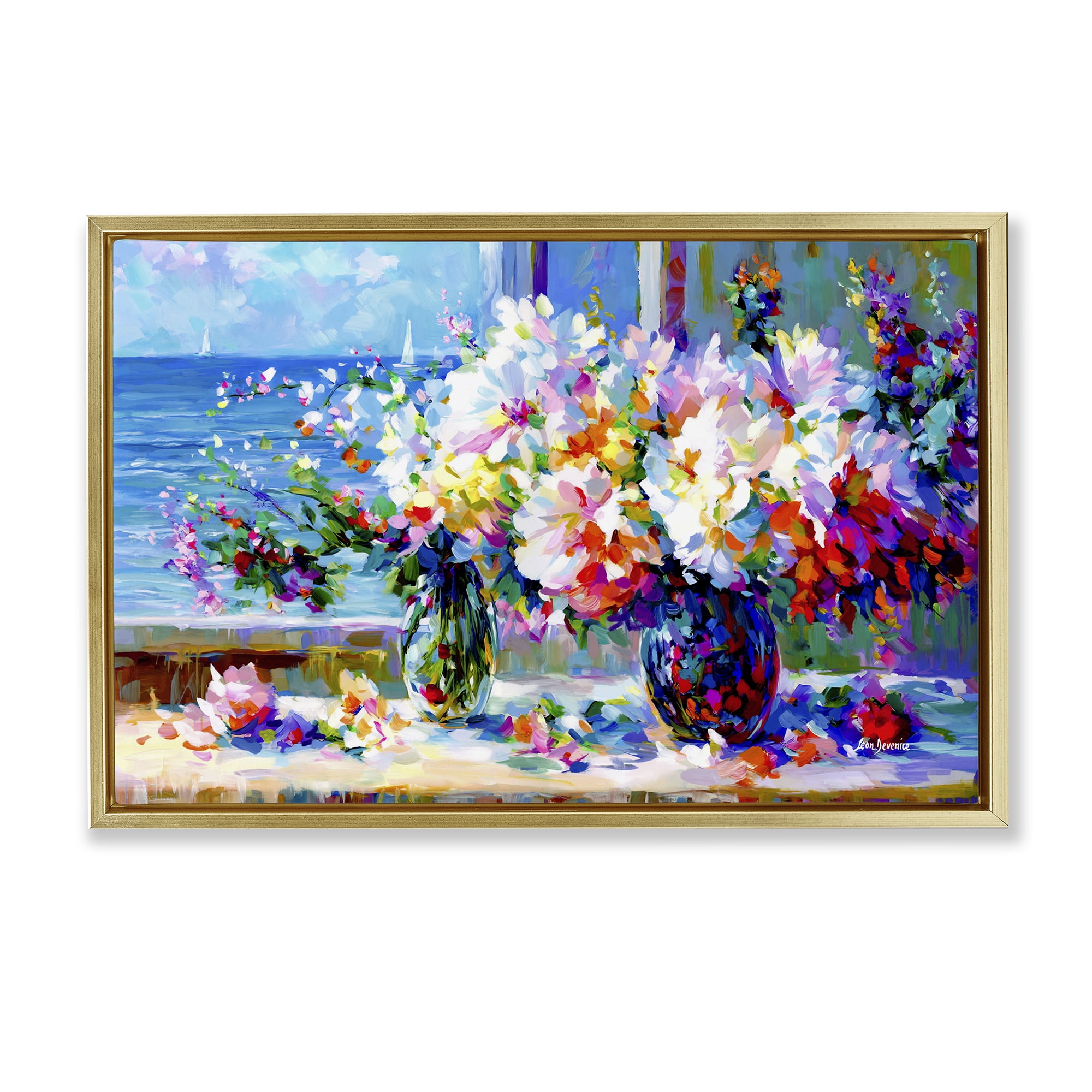 Stupell Industries Blossoms By The Sea Botanical & Floral Painting Gold Floater Framed Art Print Wall Art, 25 x 17