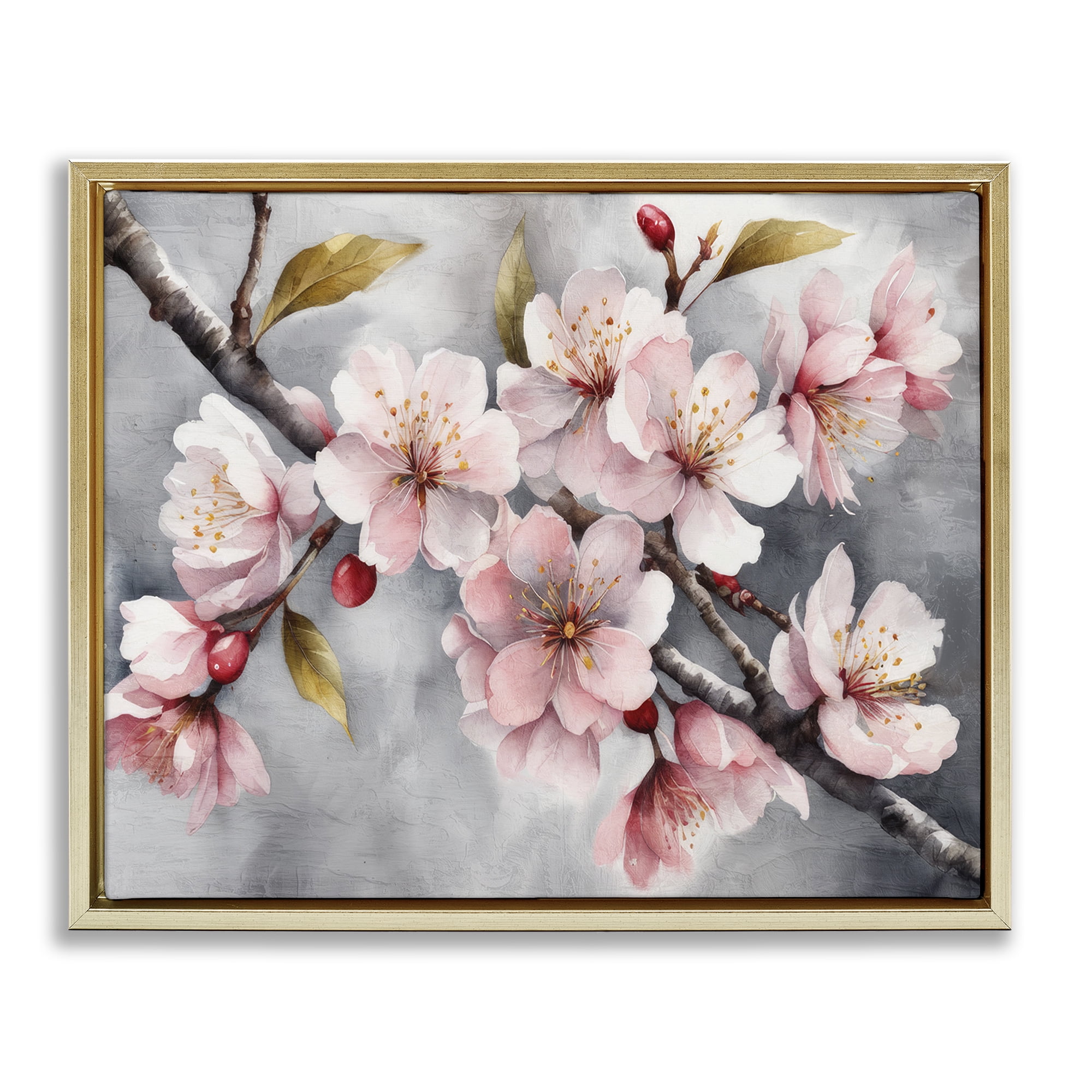 Stupell Industries Blossoms On Grey Botanical & Floral Painting Gold Floater Framed Art Print Wall Art, 21 x 17