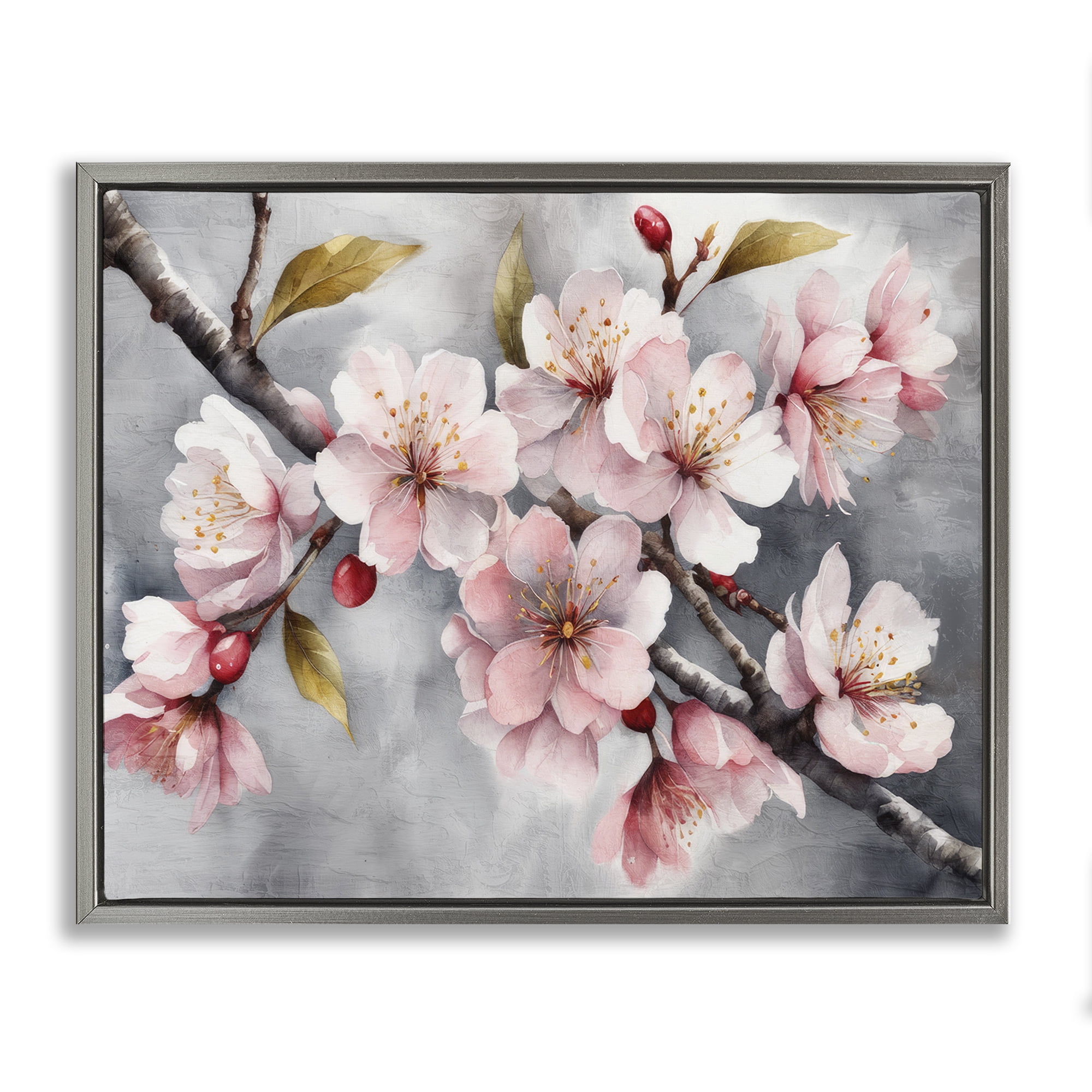 Stupell Industries Blossoms On Grey Botanical & Floral Painting Gray Floater Framed Art Print Wall Art, 21 x 17
