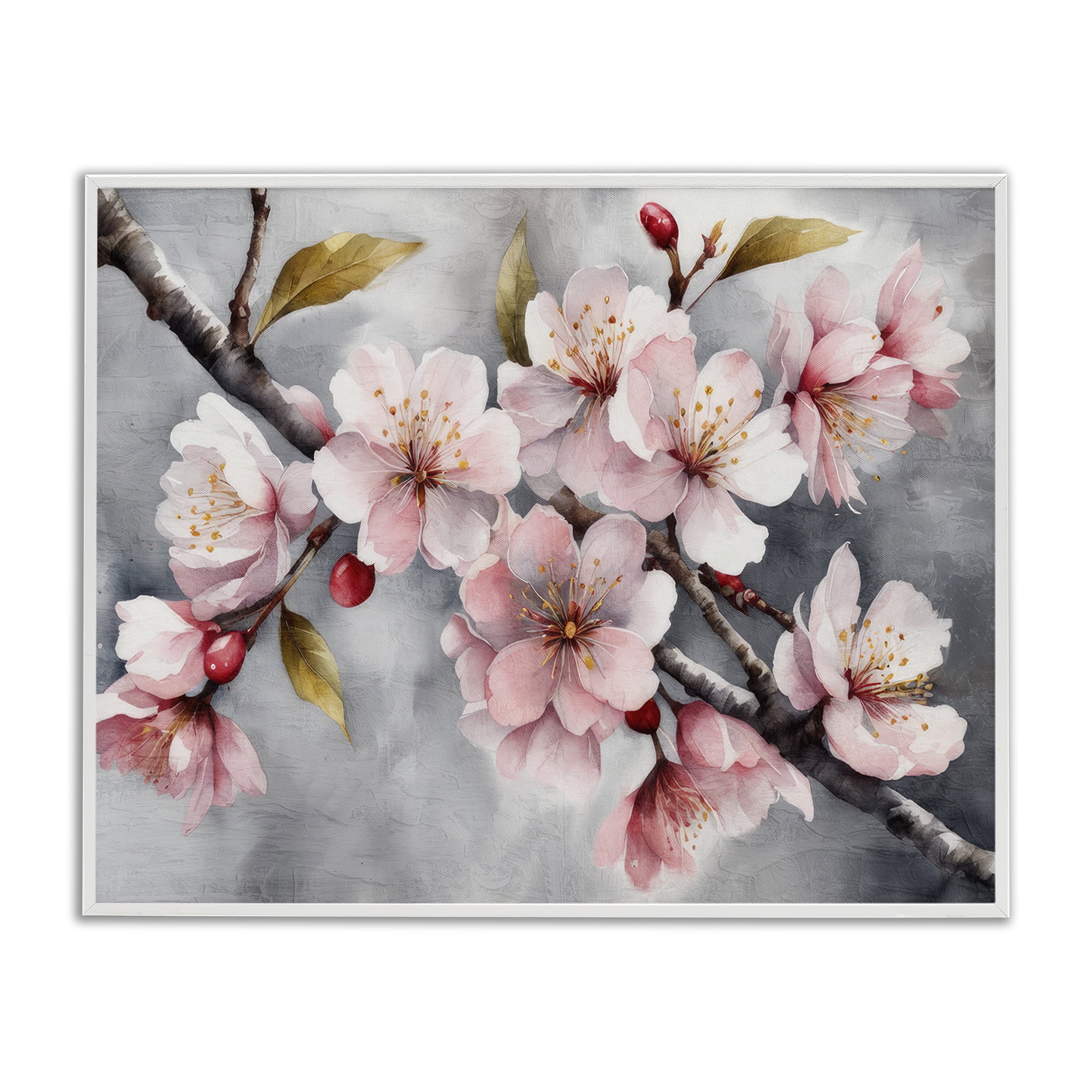 Stupell Industries Blossoms On Grey Botanical & Floral Painting White Framed Art Print Wall Art, 30 x 24