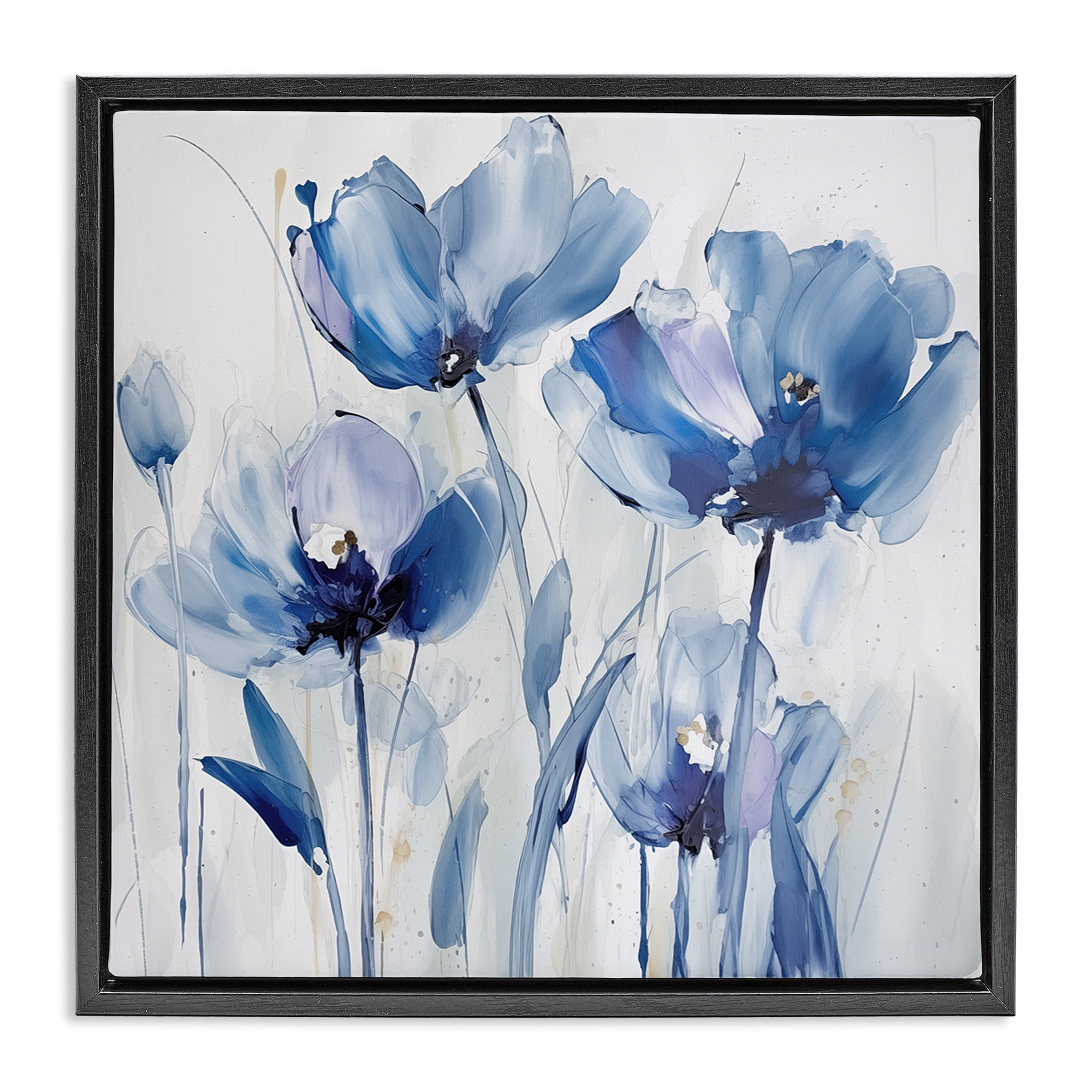 Stupell Industries Blue Abstract Blooms Botanical & Floral Painting Black Floater Framed Art Print Wall Art, 18 x 18