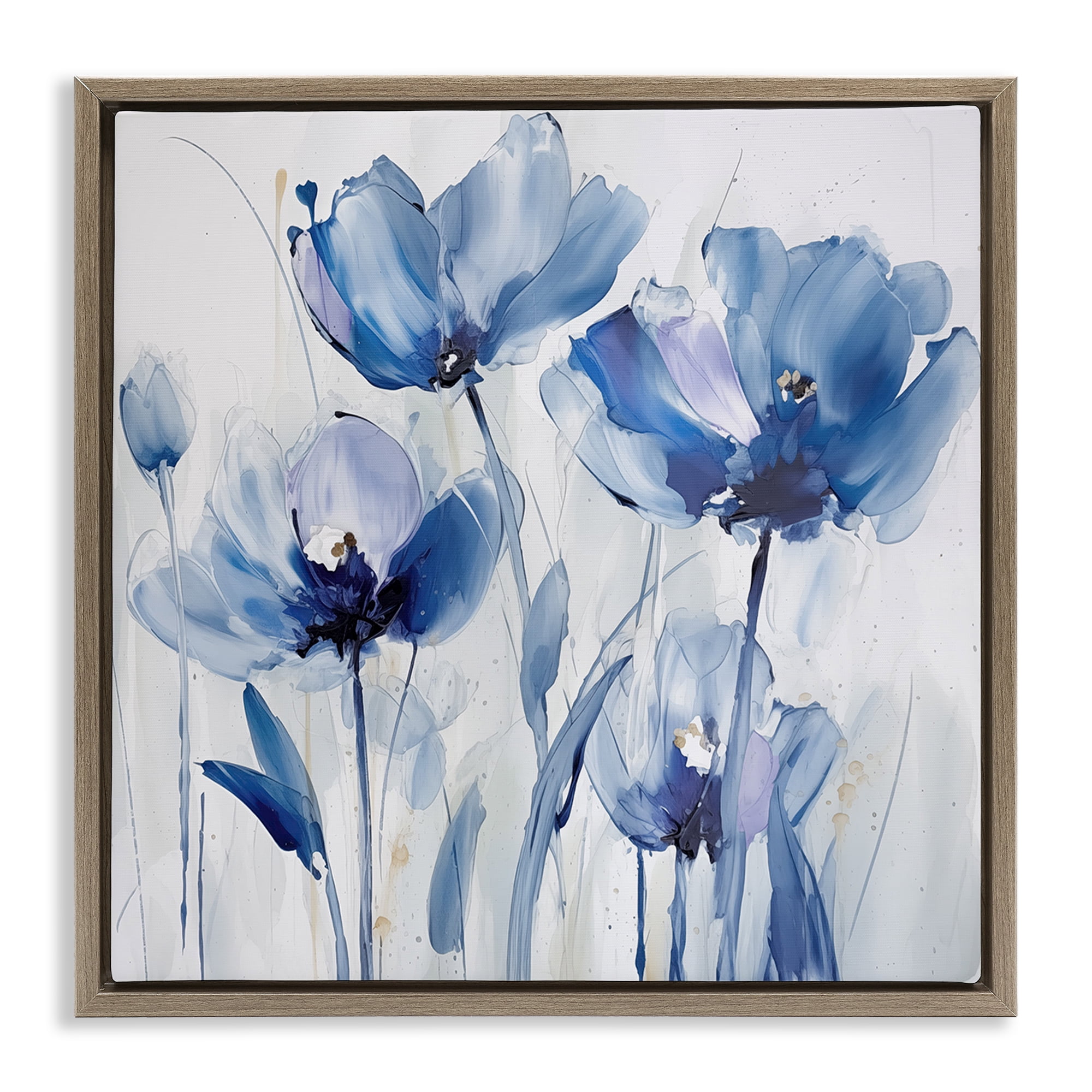 Stupell Industries Blue Abstract Blooms Botanical & Floral Painting Brown Floater Framed Art Print Wall Art, 18 x 18