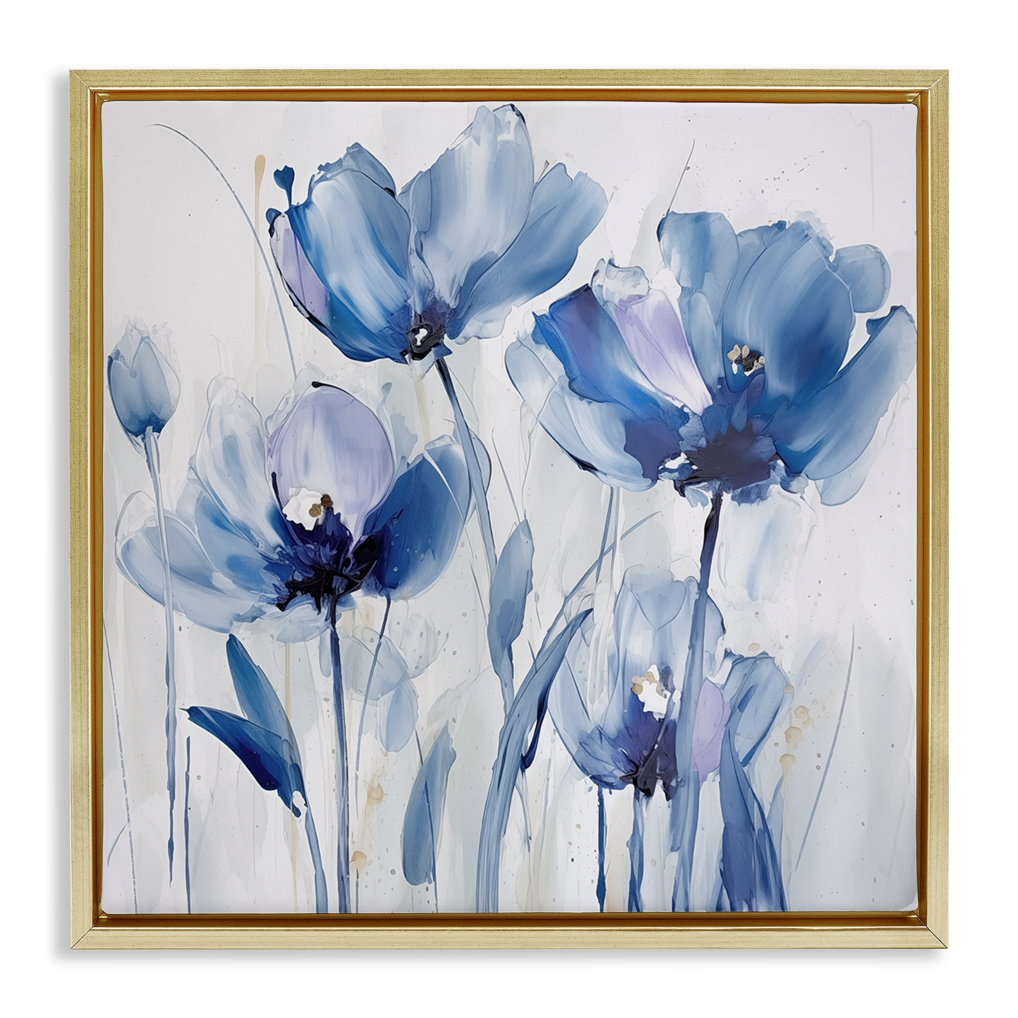 Stupell Industries Blue Abstract Blooms Botanical & Floral Painting Gold Floater Framed Art Print Wall Art, 25 x 25