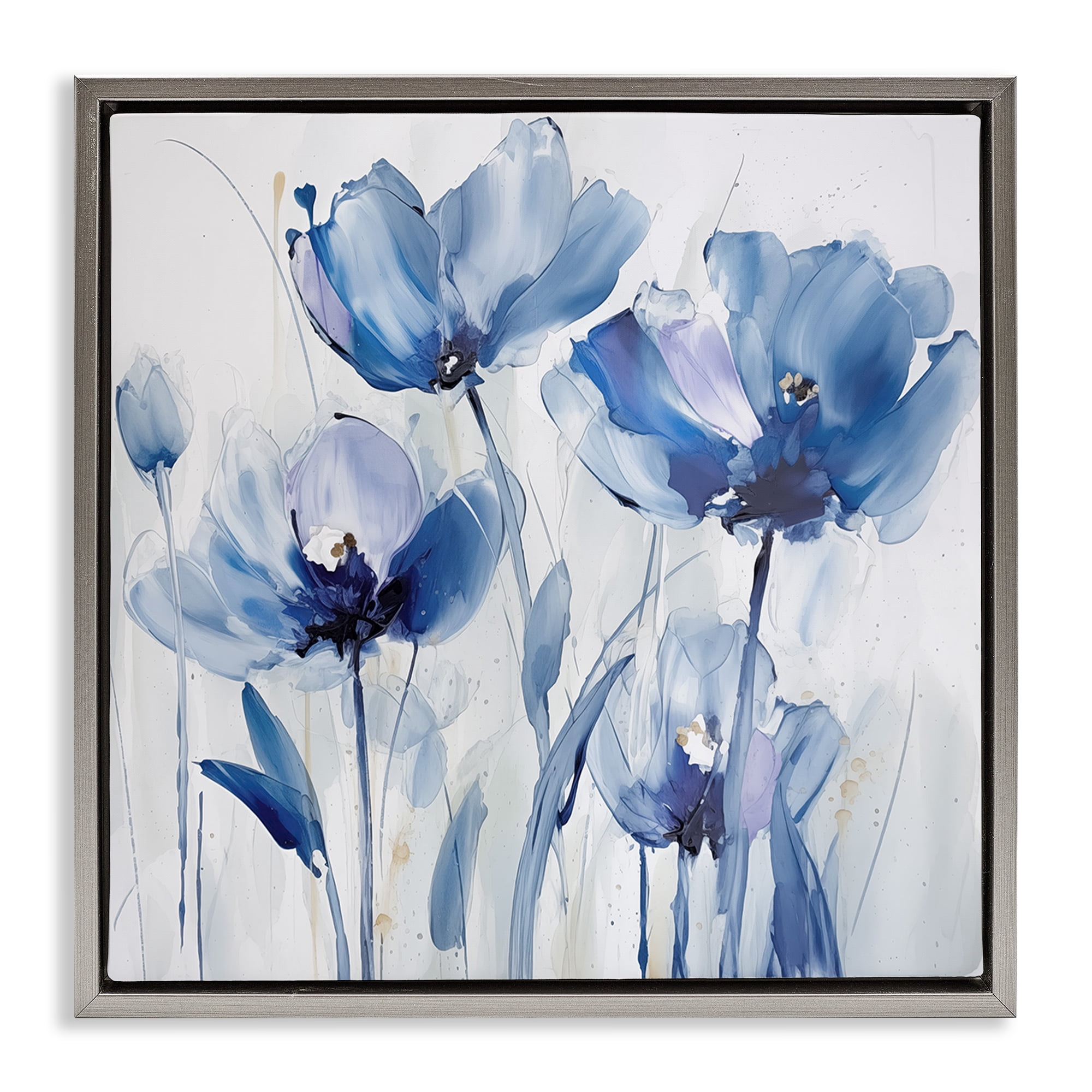 Stupell Industries Blue Abstract Blooms Botanical & Floral Painting Gray Floater Framed Art Print Wall Art, 25 x 25