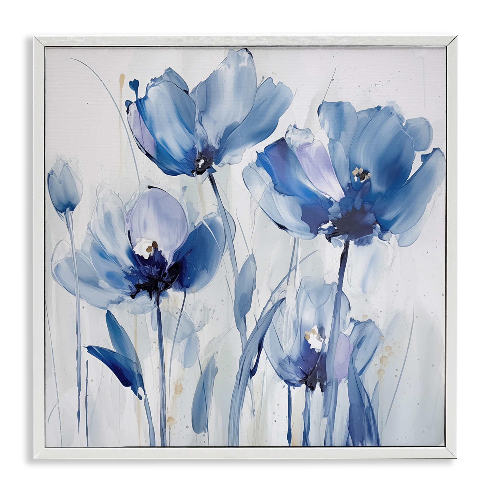 Stupell Industries Blue Abstract Blooms Botanical & Floral Painting White Framed Art Print Wall Art, 17 x 17