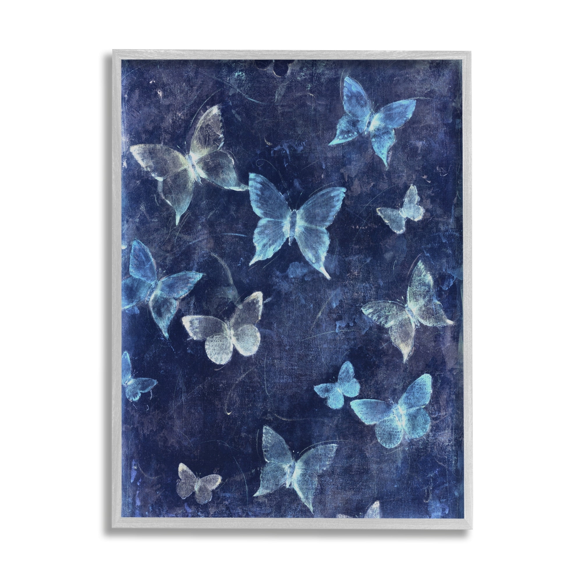 Blue Abstract Butterflies Canvas Print with Gray Frame