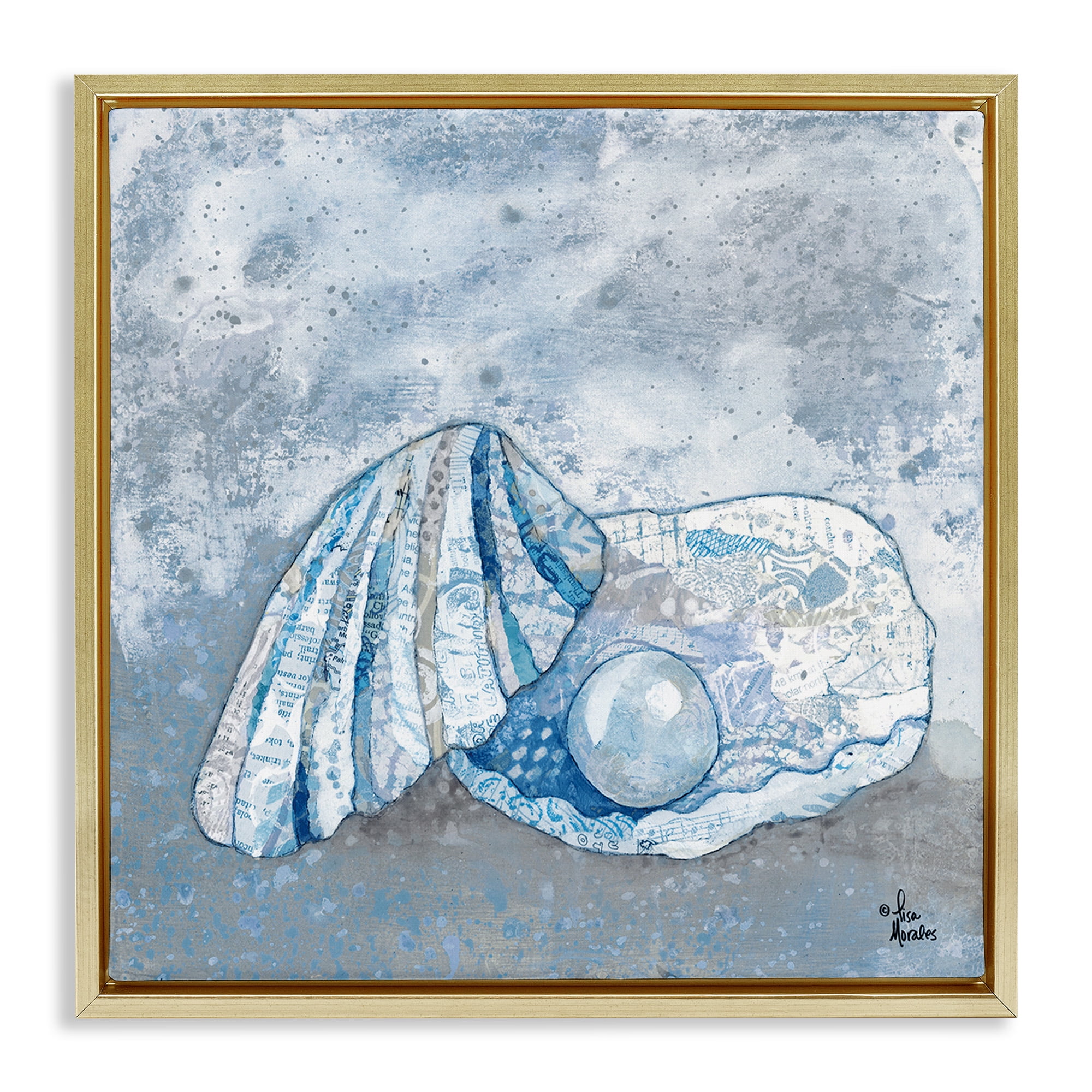 Stupell Industries Blue Abstract Clam Pearl Animals & Insects Painting Gold Floater Framed Canvas Art Print Wall Art, 18 x 18