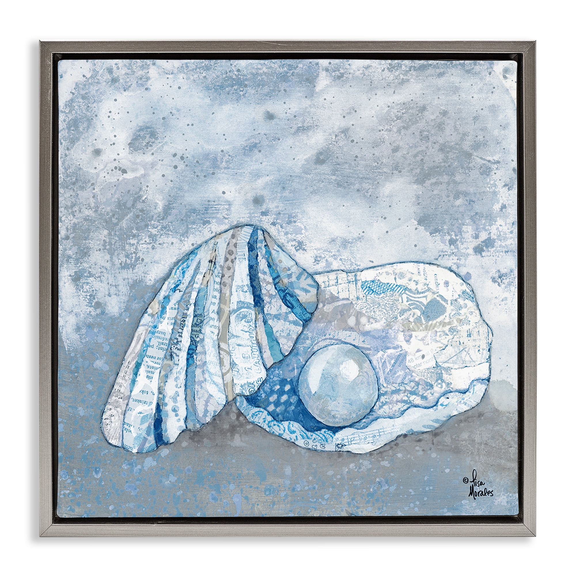 Stupell Industries Blue Abstract Clam Pearl Animals & Insects Painting Gray Floater Framed Canvas Art Print Wall Art, 25 x 25