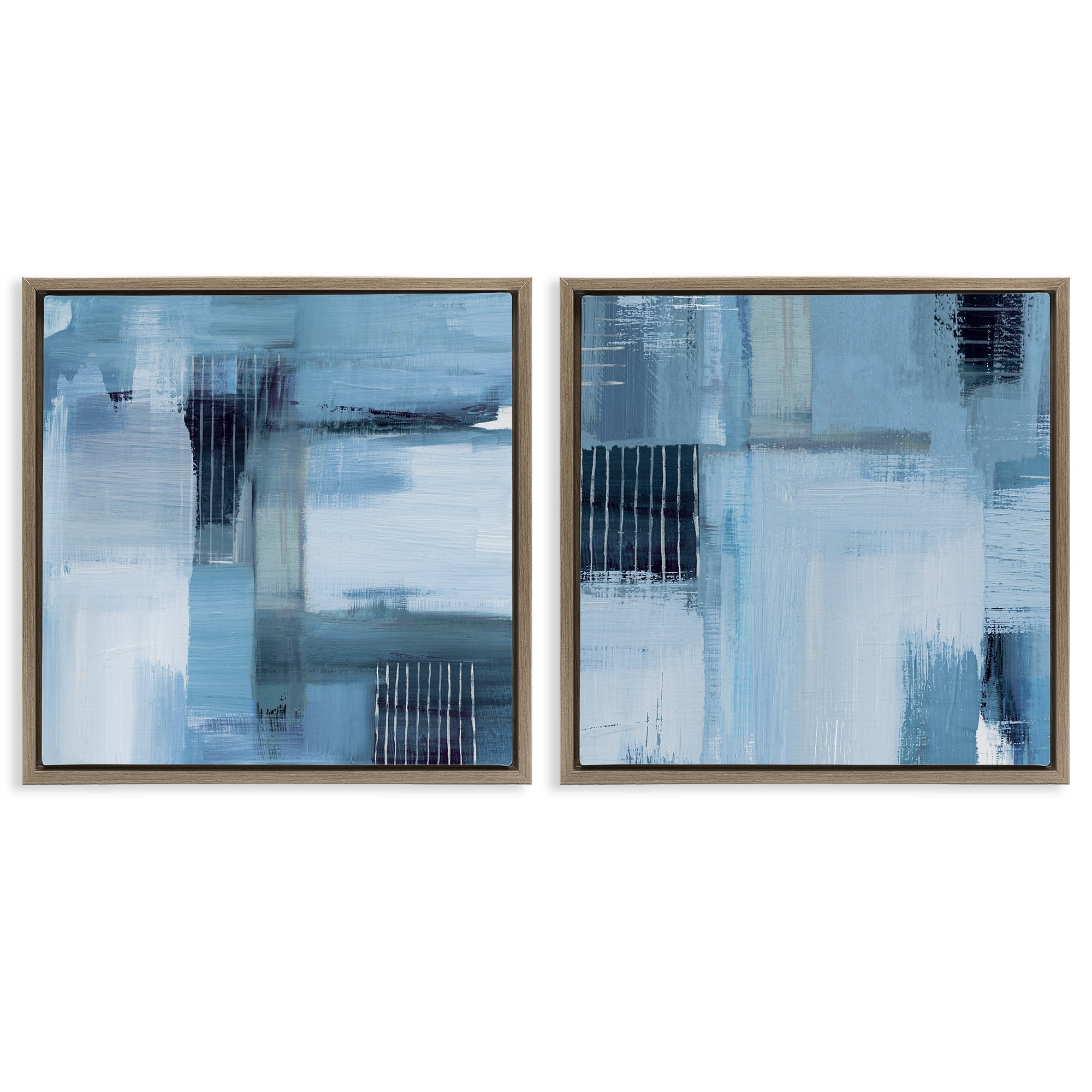 Stupell Industries Blue Abstract Linear Details Abstract Painting Brown Floater Framed Canvas Art Print Wall Art, 18 x 18, Set of 2
