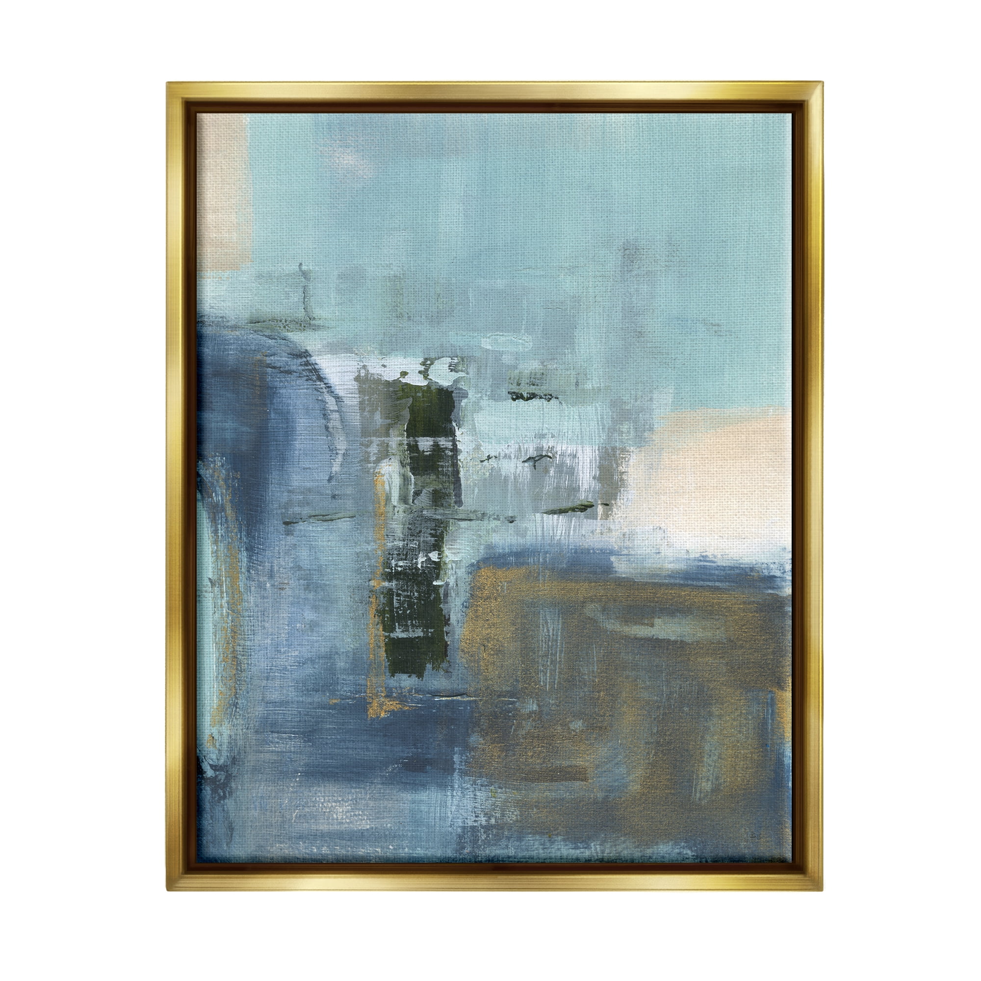 Stupell Industries Blue Abstract Painting Abstract Painting Gold Floater Framed Canvas Art Print Wall Art, 25 x 31