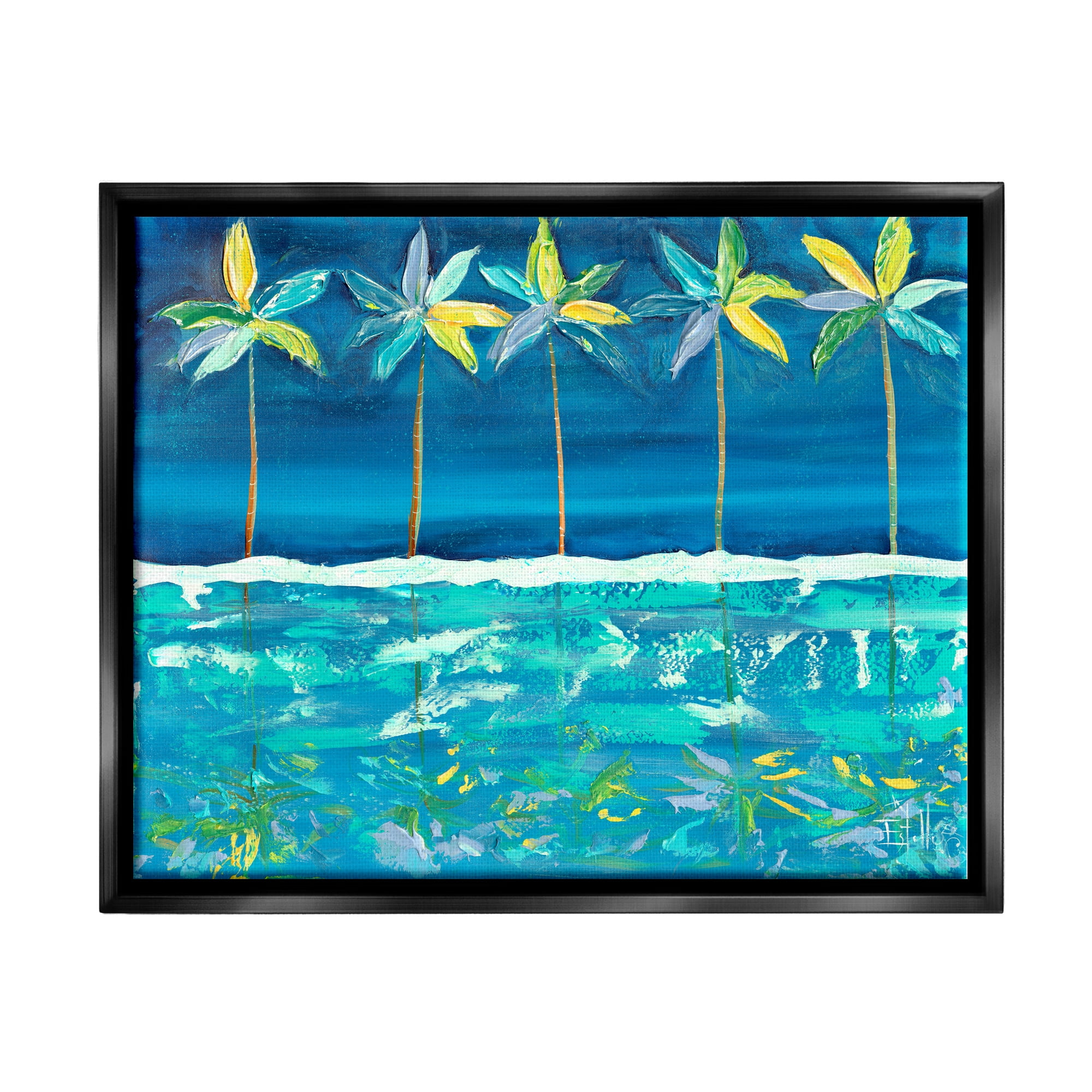 Stupell Industries Blue Abstract Palms Landscape Painting Black Floater Framed Canvas Art Print Wall Art, 21 x 17