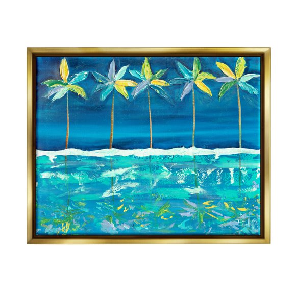 Stupell Industries Blue Abstract Palms Landscape Painting Gold Floater Framed Canvas Art Print Wall Art, 31 x 25