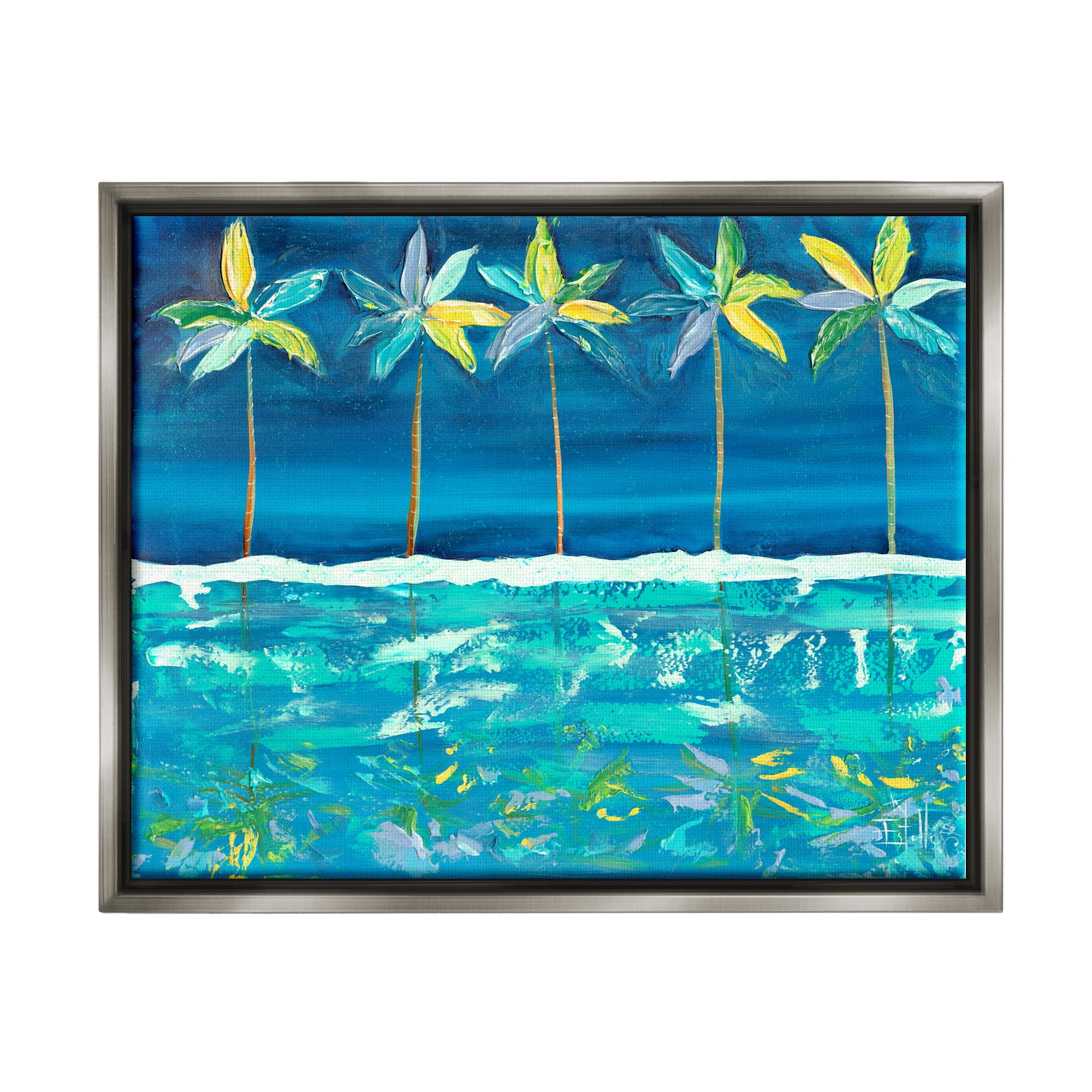 Stupell Industries Blue Abstract Palms Landscape Painting Gray Floater Framed Canvas Art Print Wall Art, 21 x 17