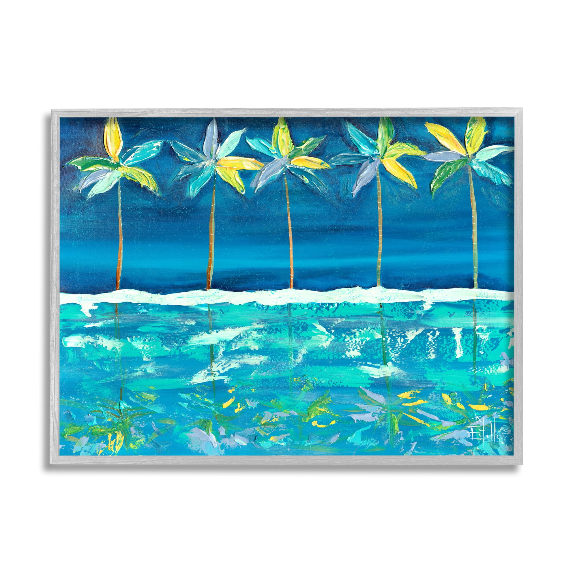 Stupell Industries Blue Abstract Palms Landscape Painting Gray Framed Art Print Wall Art, 30 x 24