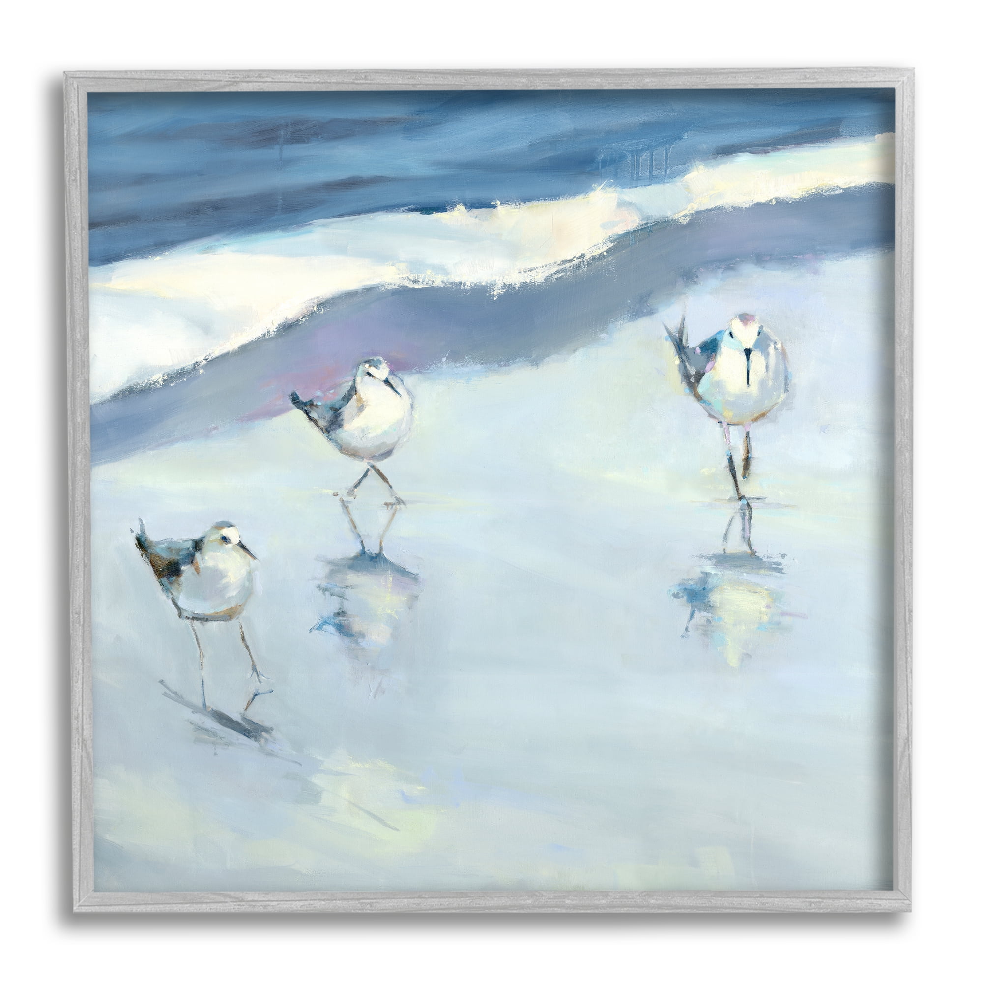 Stupell Industries Blue Abstract Sandpipers Painting Coastal Painting Gray Framed Art Print Wall Art