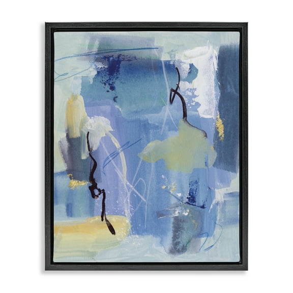 Stupell Industries Blue Abstract Yellow Accents Abstract Painting Black Floater Framed Canvas Art Print Wall Art, 17 x 21