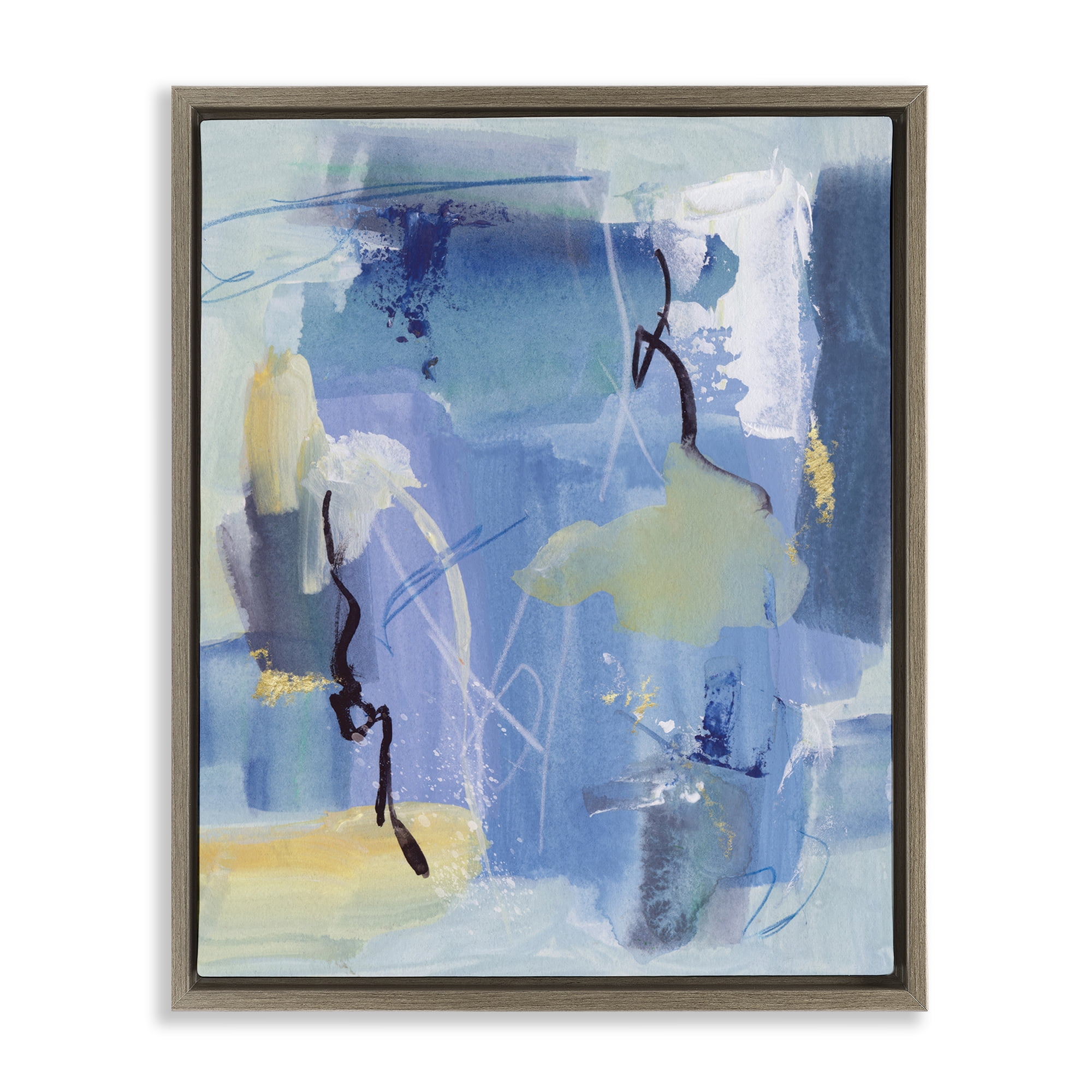 Stupell Industries Blue Abstract Yellow Accents Abstract Painting Brown Floater Framed Canvas Art Print Wall Art, 17 x 21