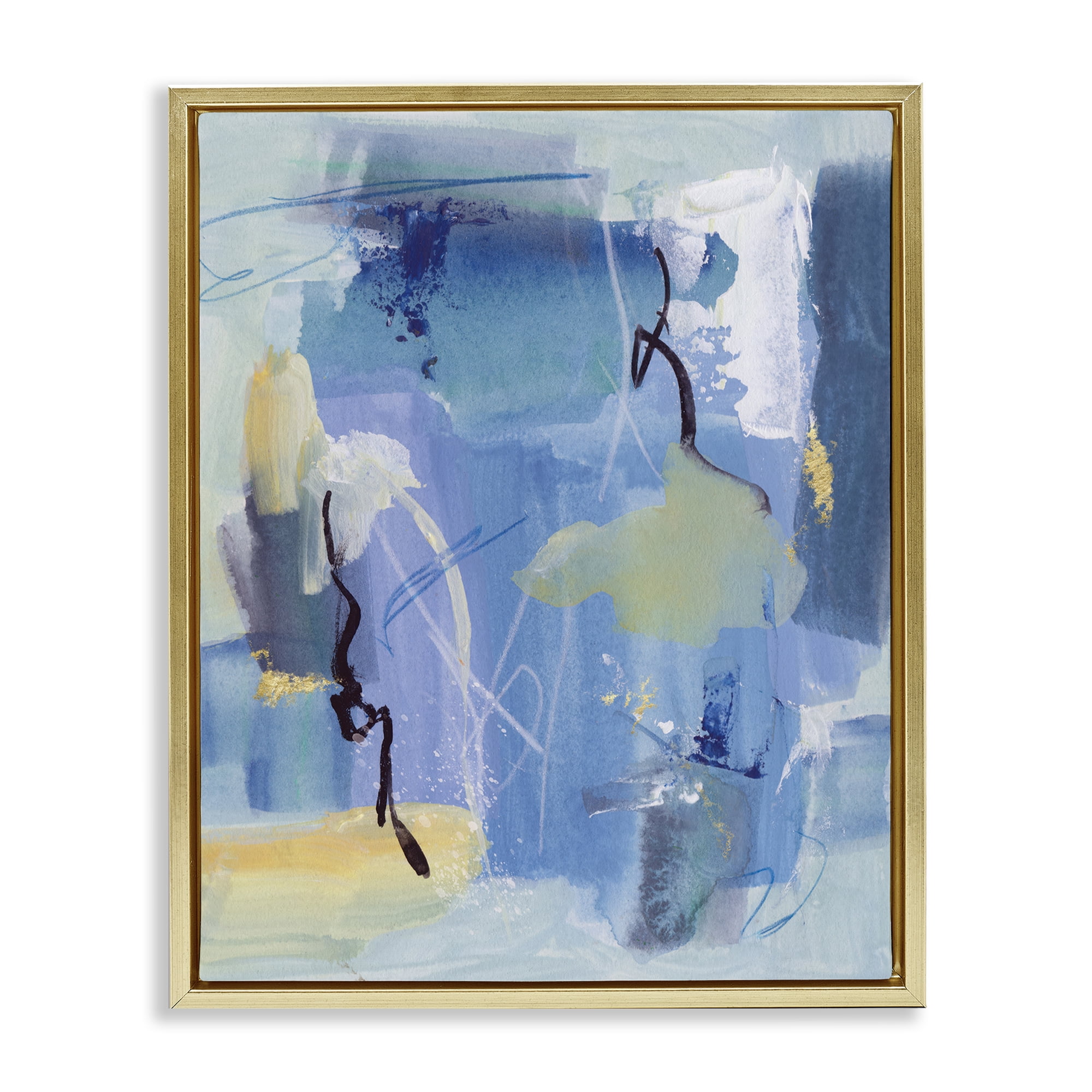 Stupell Industries Blue Abstract Yellow Accents Abstract Painting Gold Floater Framed Canvas Art Print Wall Art, 17 x 21