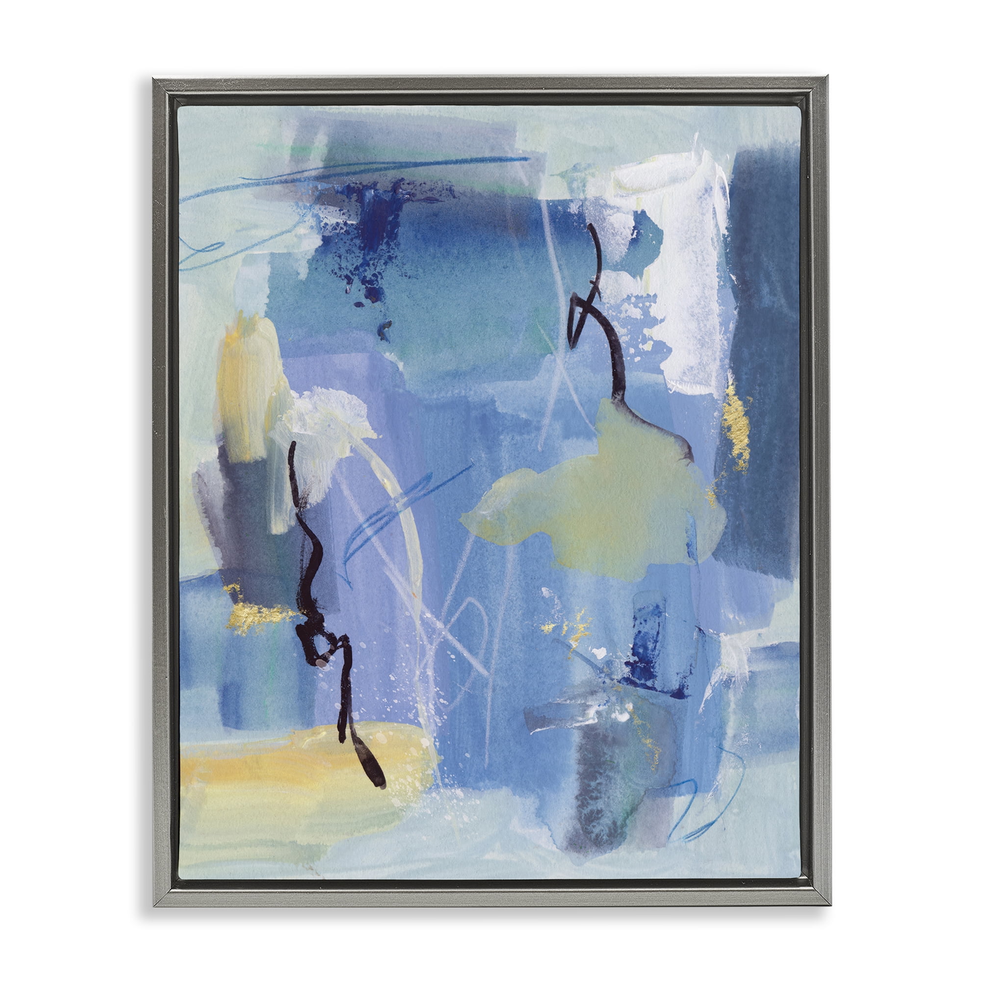 Stupell Industries Blue Abstract Yellow Accents Abstract Painting Gray Floater Framed Canvas Art Print Wall Art, 17 x 21
