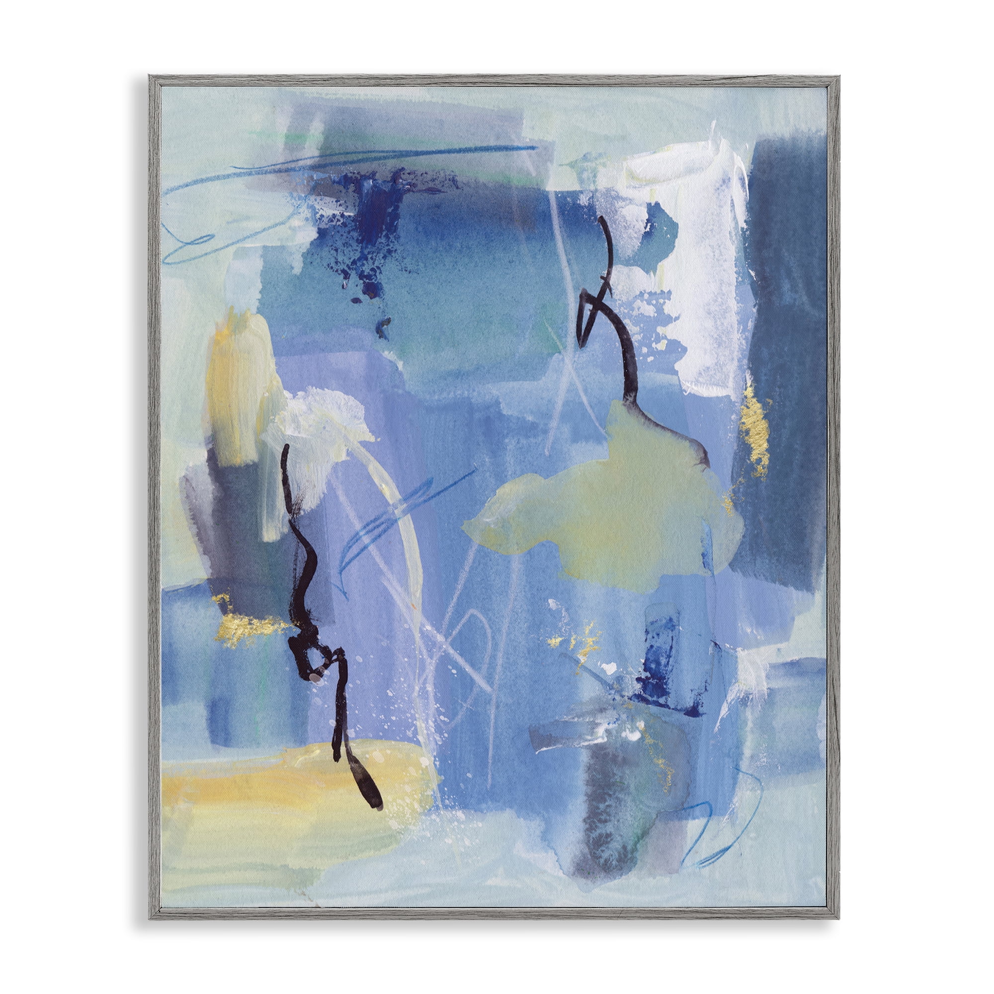 Stupell Industries Blue Abstract Yellow Accents Abstract Painting Gray Framed Art Print Wall Art, 24 x 30