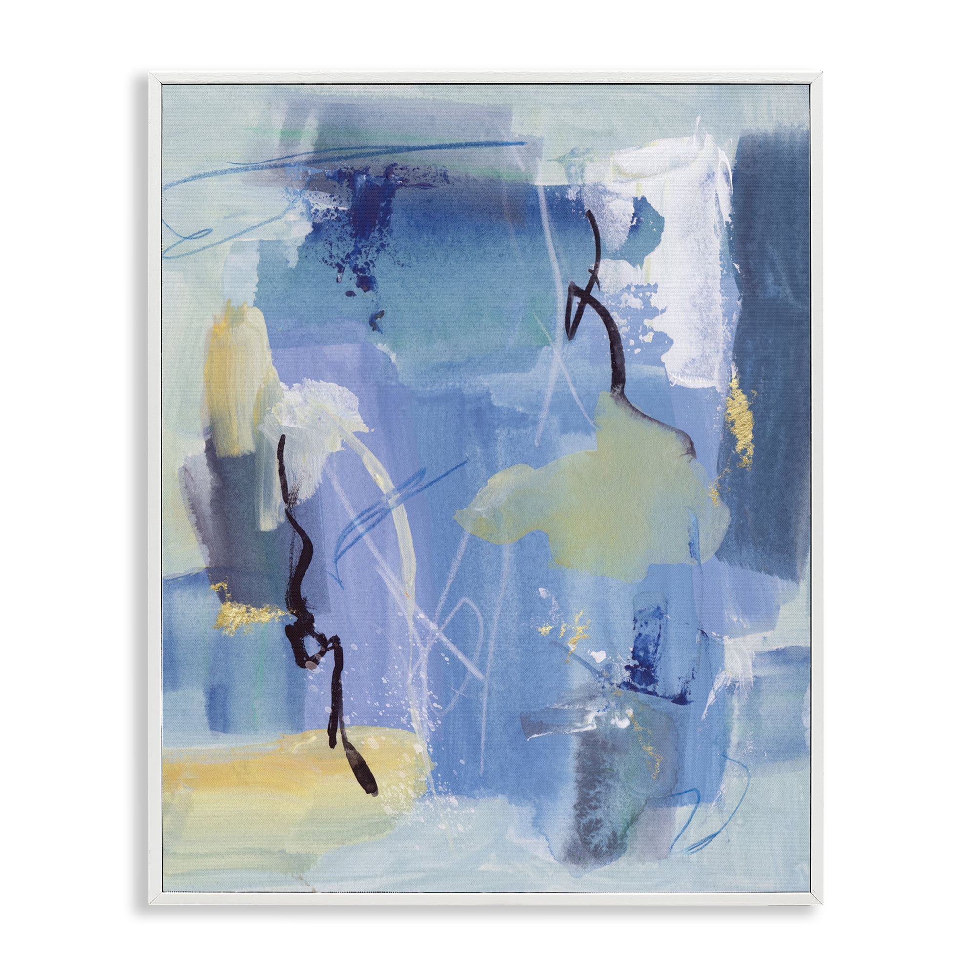 Stupell Industries Blue Abstract Yellow Accents Abstract Painting White Framed Art Print Wall Art, 16 x 20