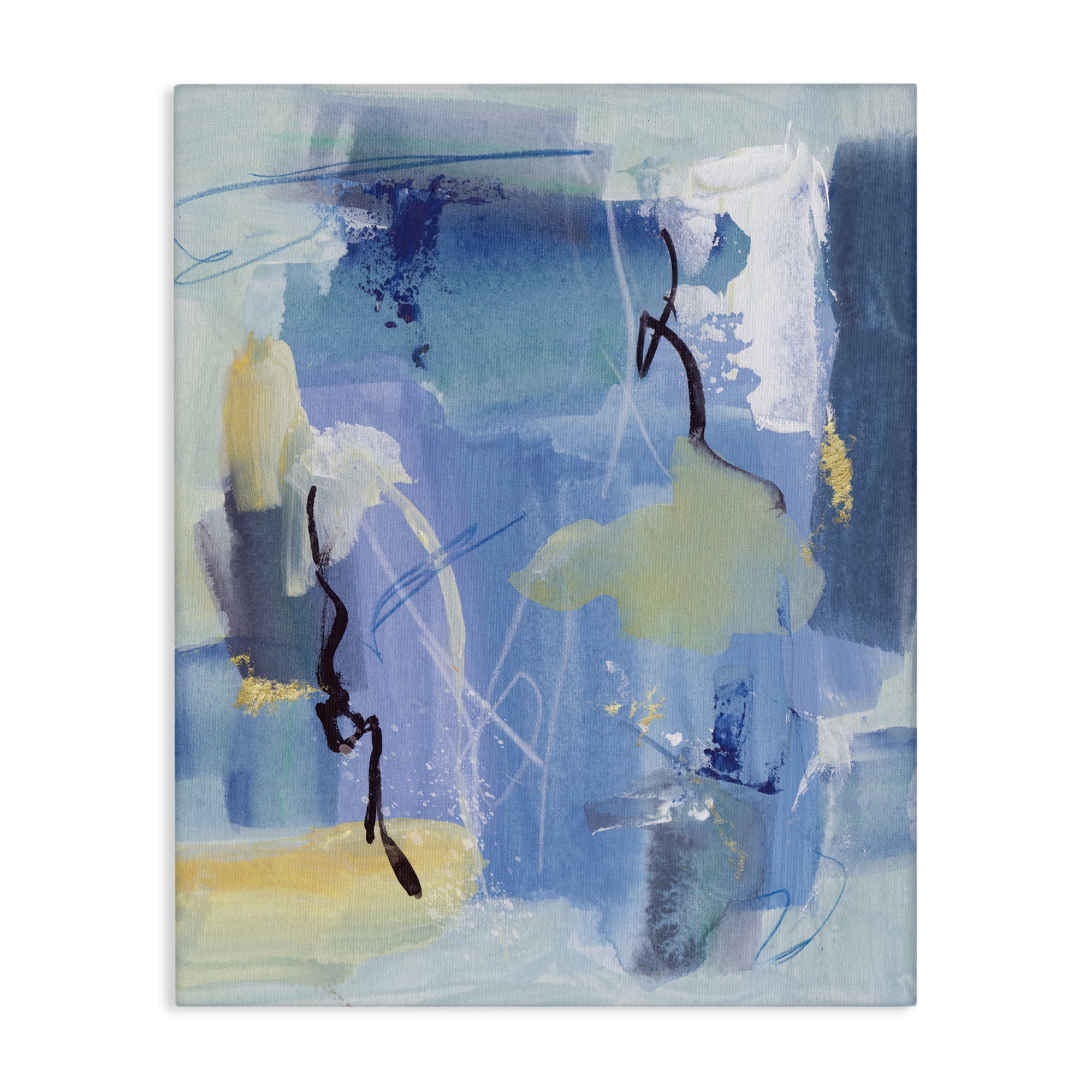Stupell Industries Blue Abstract Yellow Accents Abstract Painting Wrapped Canvas Art Print Wall Art, 36 x 48