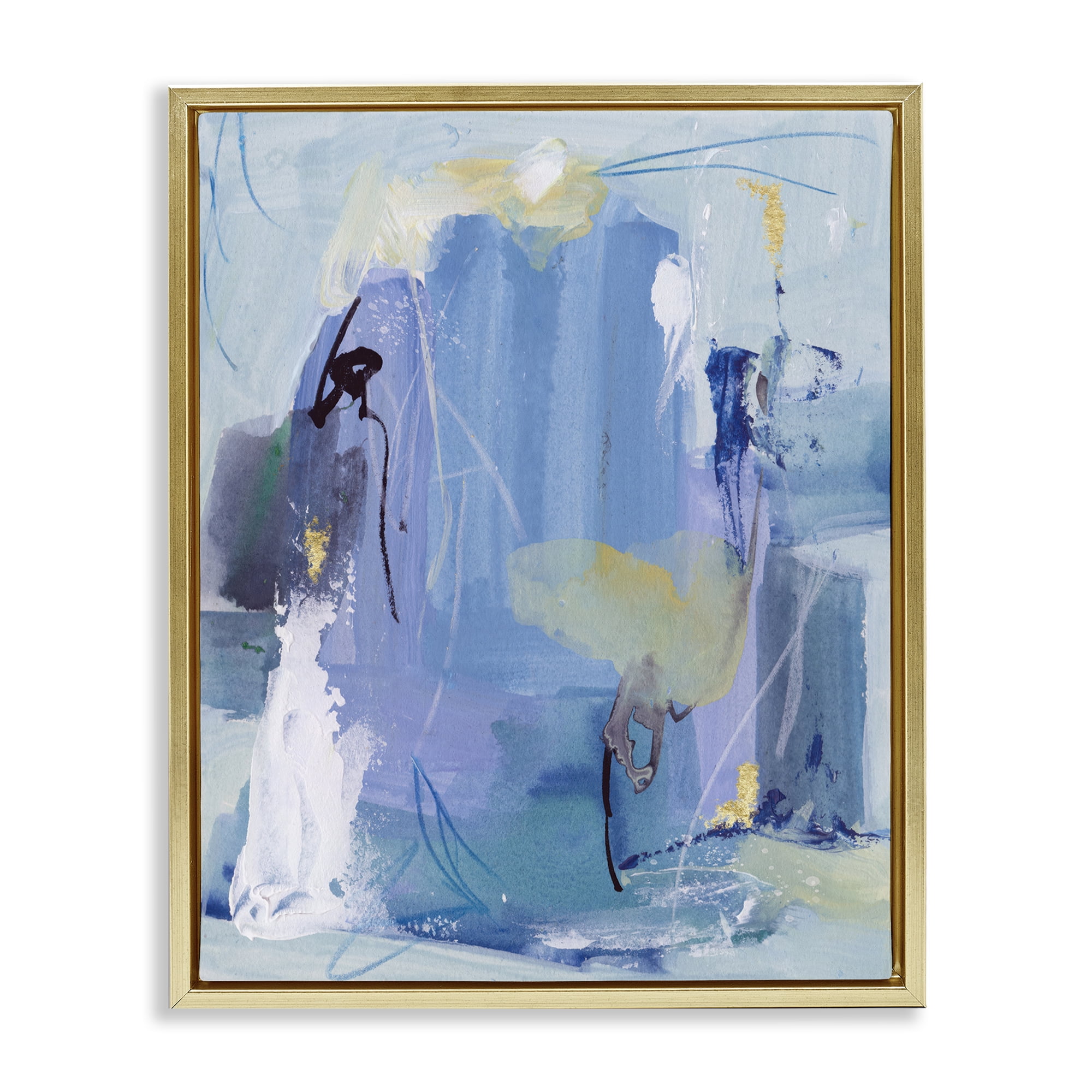 Stupell Industries Blue Abstract with Squiggles Abstract Painting Gold Floater Framed Canvas Art Print Wall Art, 25 x 31