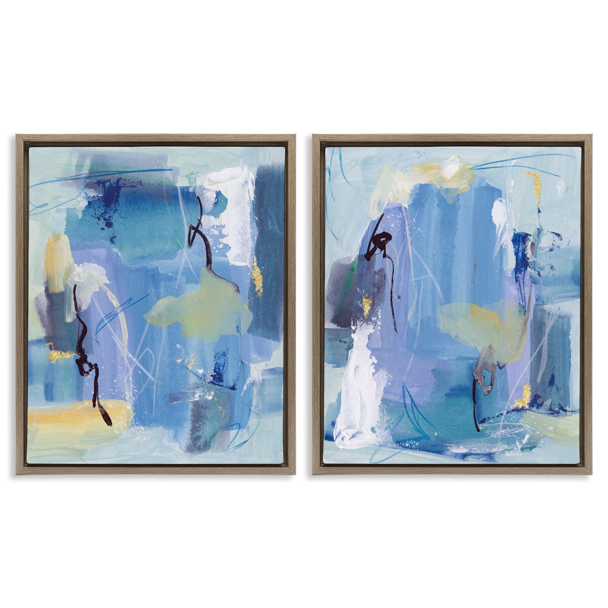 Stupell Industries Blue Abstract with Yellow Abstract Painting Brown Floater Framed Canvas Art Print Wall Art, 31 x 25, Set of 2