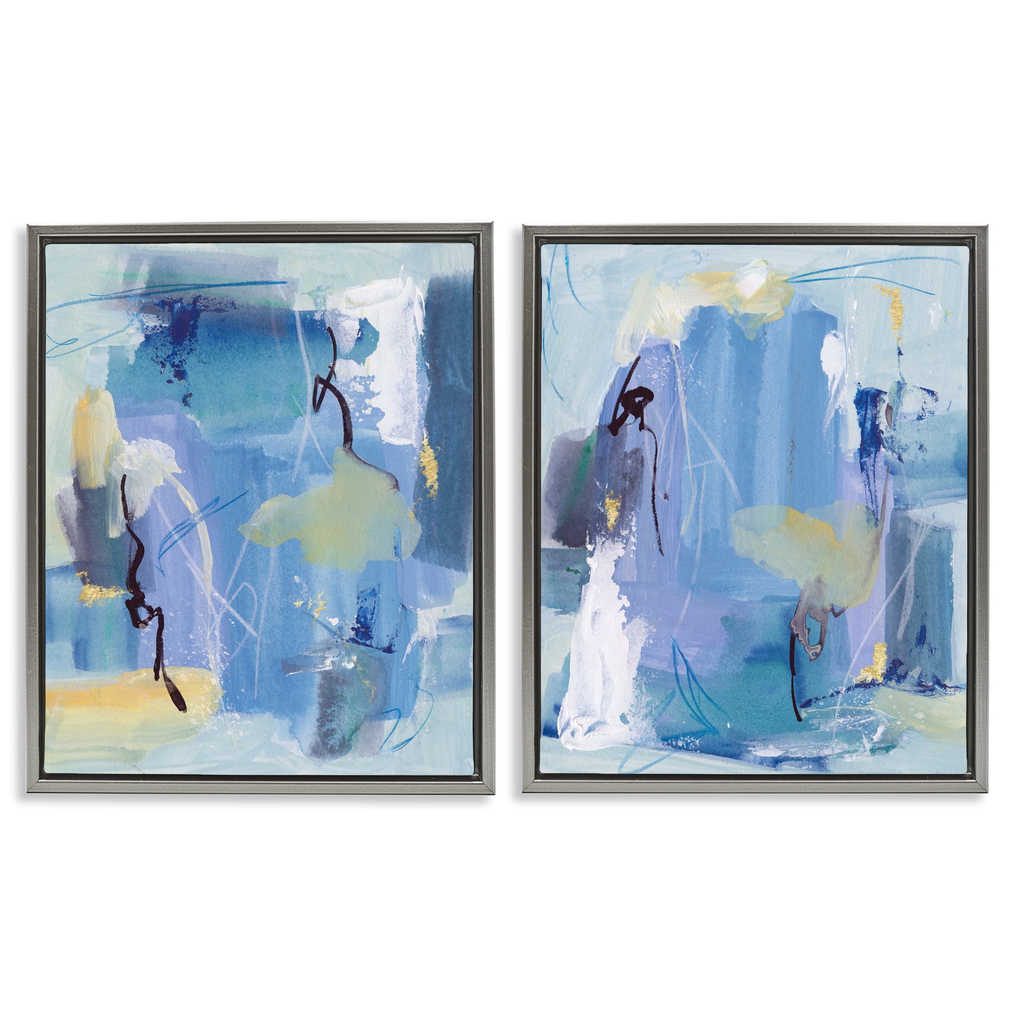 Stupell Industries Blue Abstract with Yellow Abstract Painting Gray Floater Framed Canvas Art Print Wall Art, 31 x 25, Set of 2