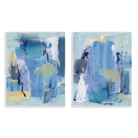 Stupell Industries Blue Abstract with Yellow Abstract Painting Unframed Art Print Wall Art, 11 x 14, Set of 2