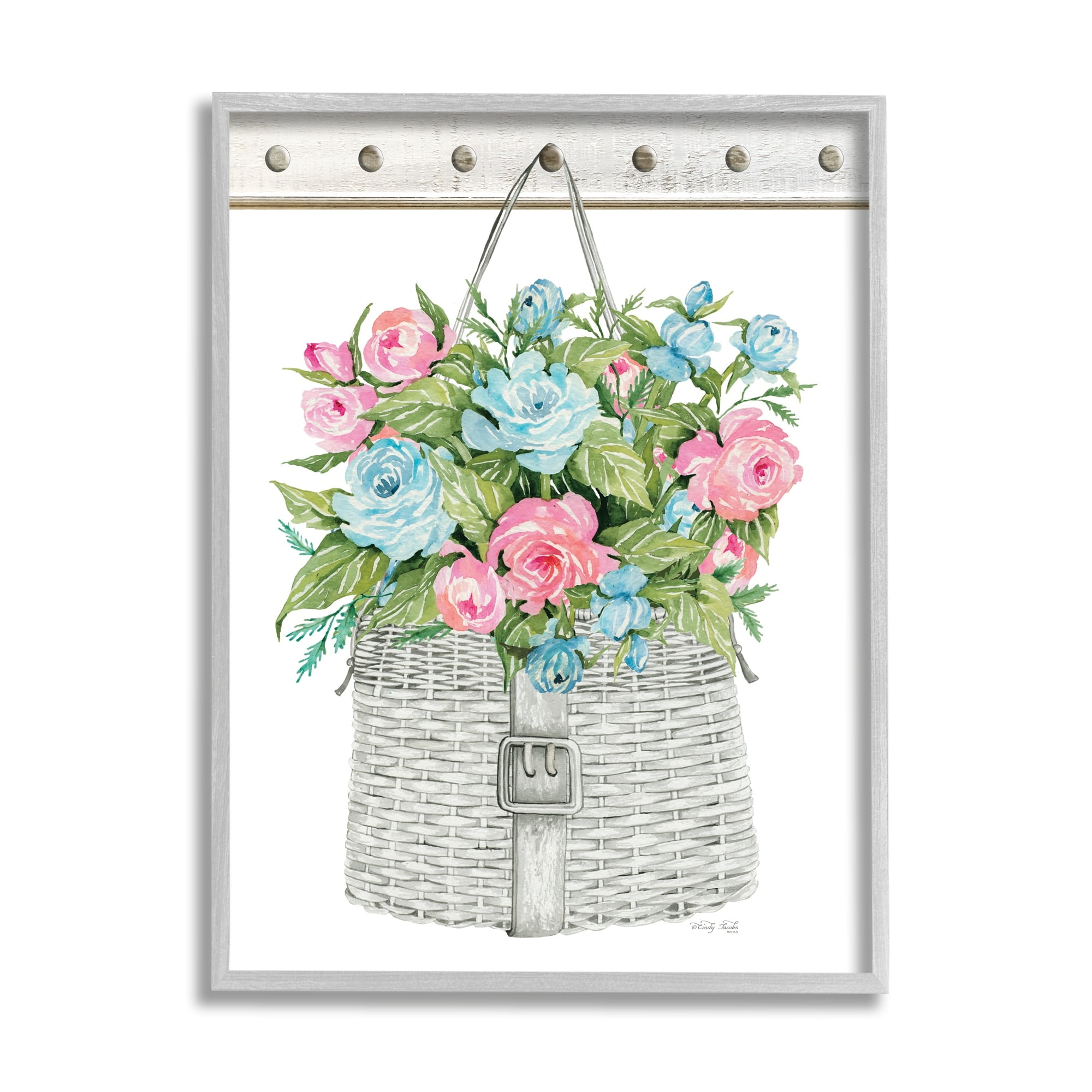 Blue And Pink Blooming Roses Spring Plant Basket Botanical & Floral Painting Framed Art Print Wall Art