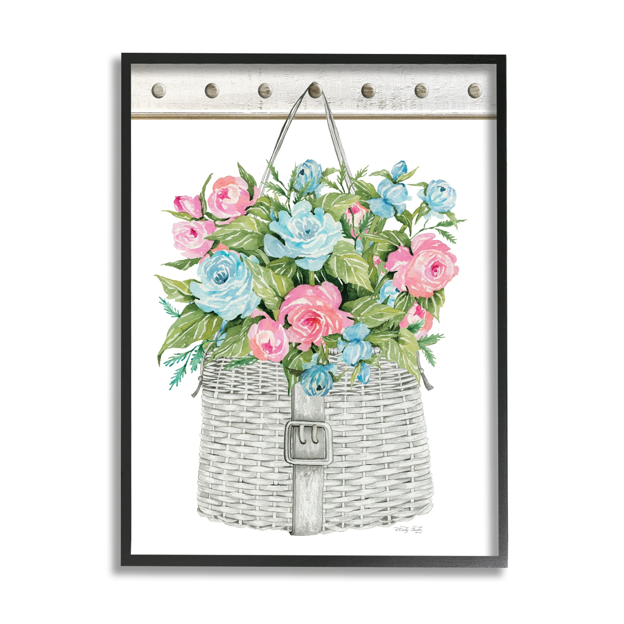 Stupell Industries Blue And Pink Blooming Roses Spring Plant Basket,11 x 14, Design by Cindy Jacobs