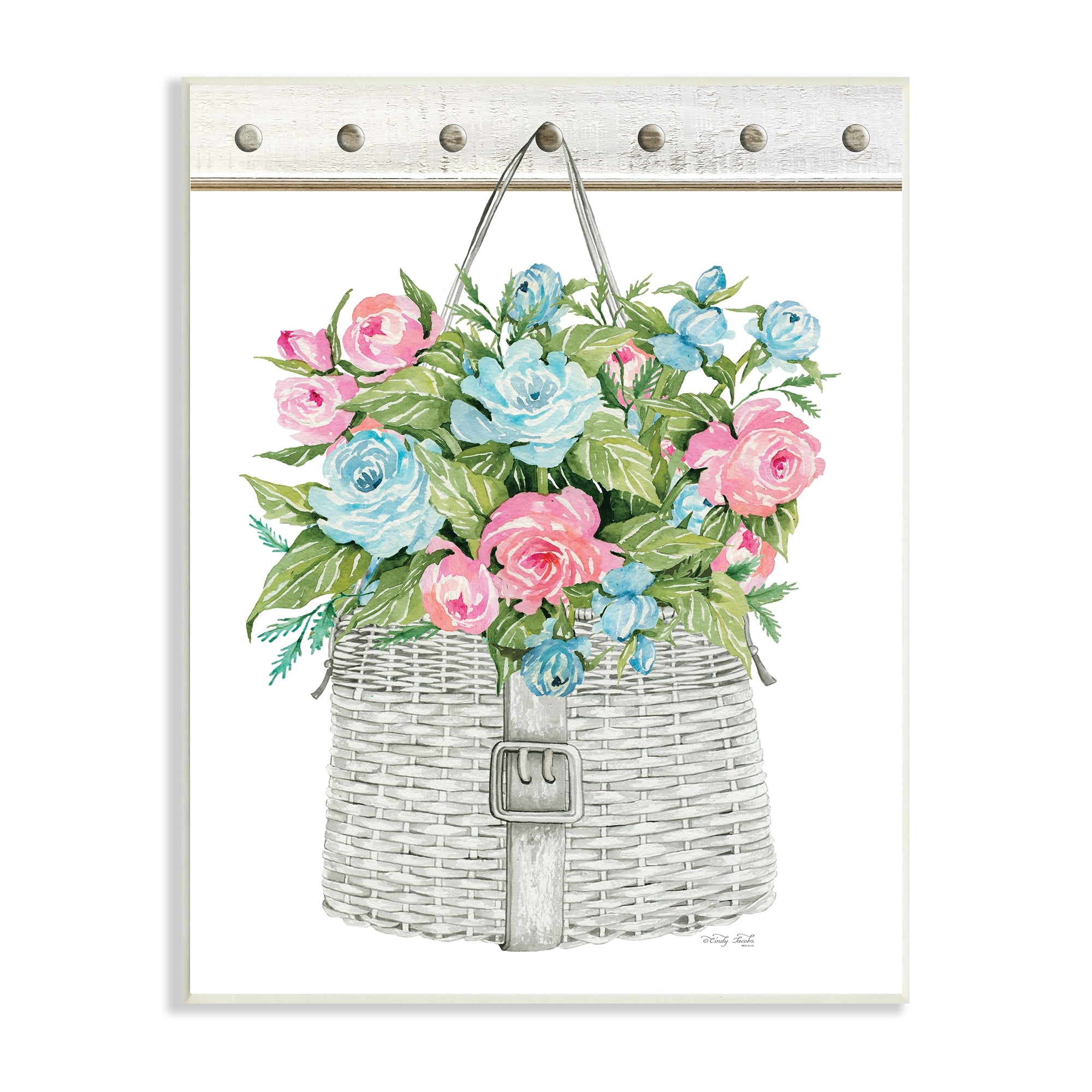 Stupell Industries Blue And Pink Blooming Roses Spring Plant Basket,13 x 19, Design by Cindy Jacobs