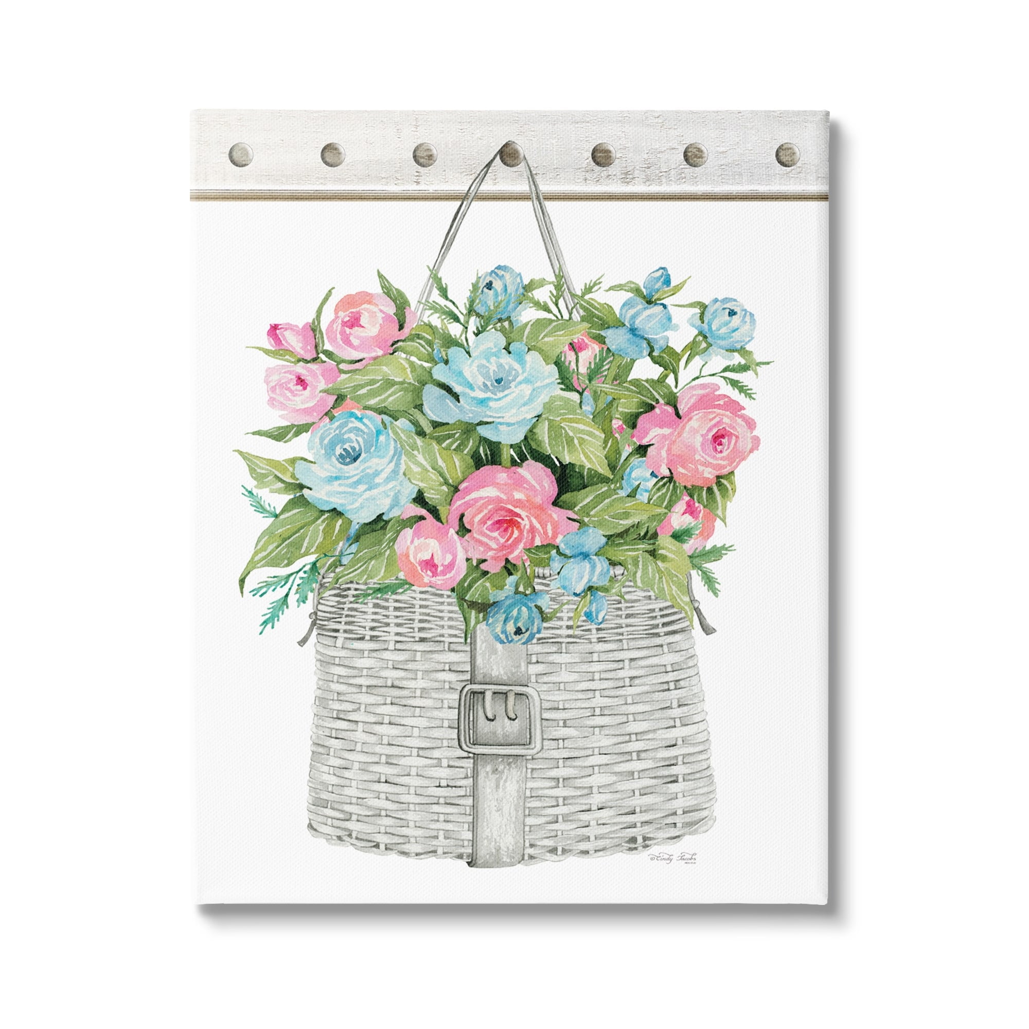 Stupell Industries Blue And Pink Blooming Roses Spring Plant Basket,30 x 40, Design by Cindy Jacobs