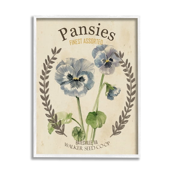 Stupell Industries Blue Assorted Pansies Vintage Floral Seed Packet Botanical & Floral Painting White Framed Art Print Wall Art, 16 x 20