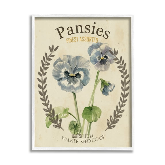 Stupell Industries Blue Assorted Pansies Vintage Floral Seed Packet Farmhouse Painting White Framed Art Print Wall Art, 11 x 14, Design by Studio W