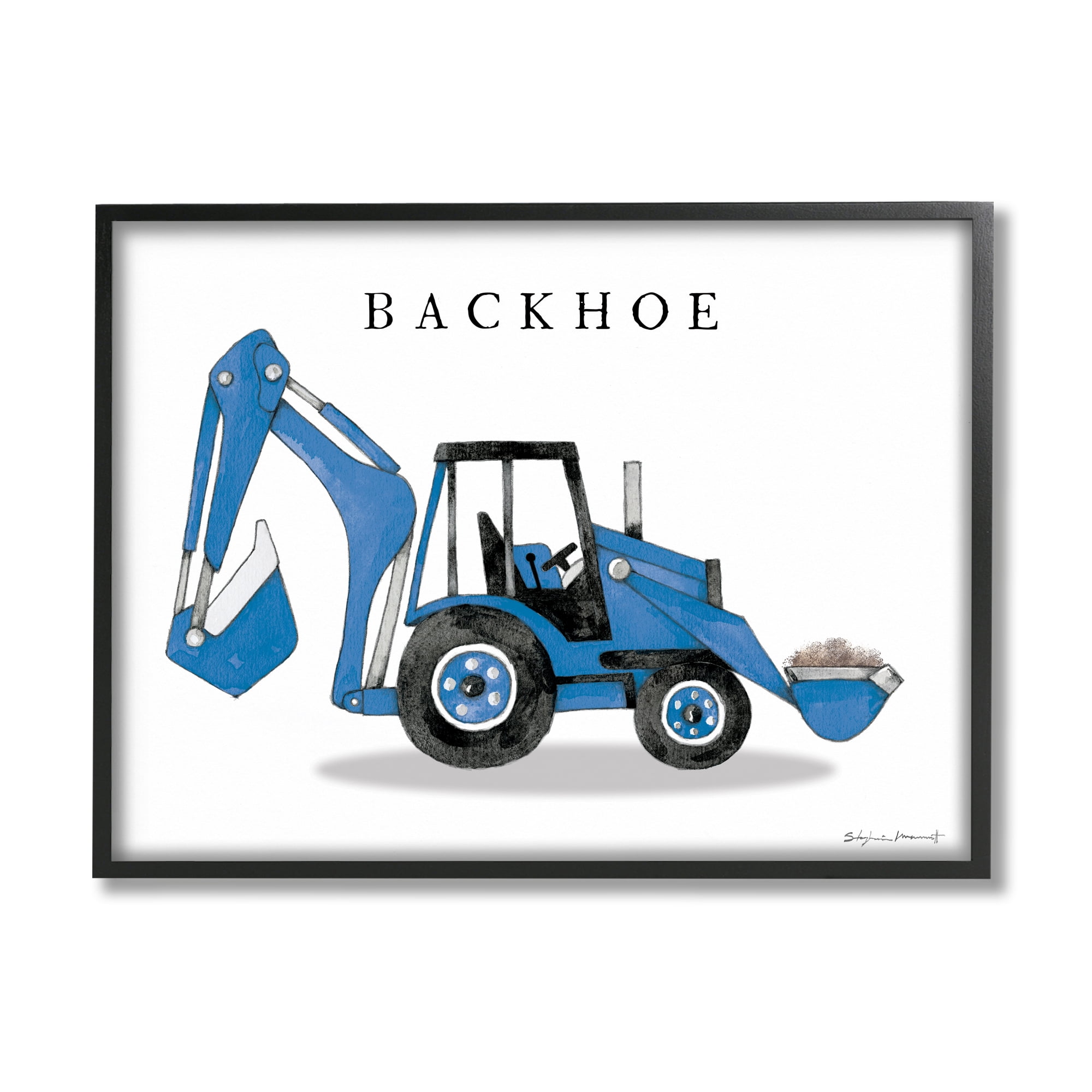 Stupell Industries Blue Backhoe Construction Truck Demolition Vehicle Transportation Painting Black Framed Art Print Wall Art, 24 x 30