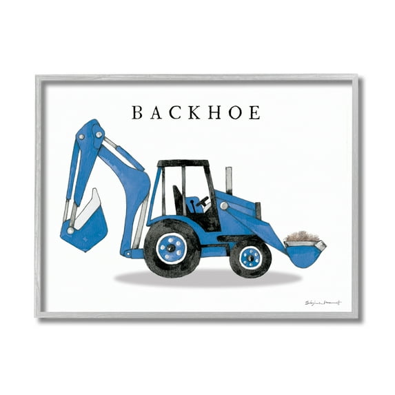 Stupell Industries Blue Backhoe Construction Truck Demolition Vehicle Transportation Painting Gray Framed Art Print Wall Art, 16 x 20