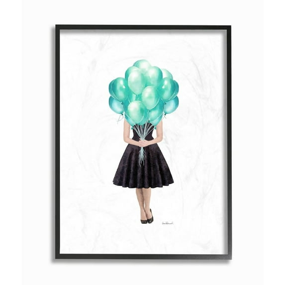 Stupell Industries Blue Balloon Black Dress Woman Glam Fashion Watercolor Framed Wall Art by Amanda Greenwood