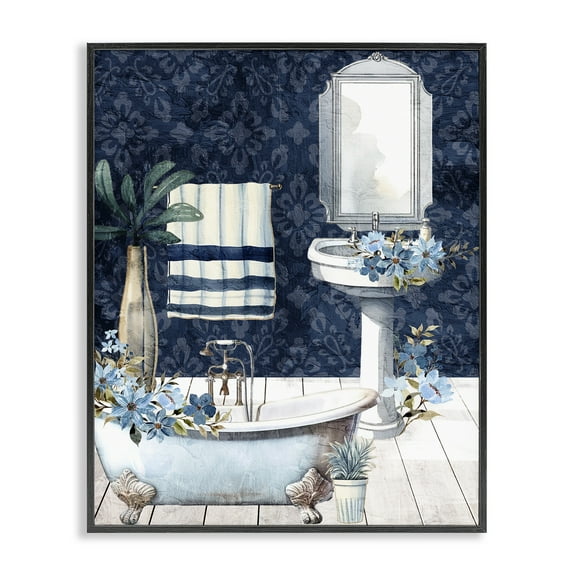 Stupell Industries Blue Bath Floral Scene Black Framed Giclee Art design by Kim Allen, 14 x 11