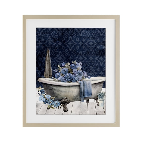 Stupell Industries Shabby Chic Blue Bath Floral Tub Birch Framed Print Under Glass, 17 x 21, by Kim Allen