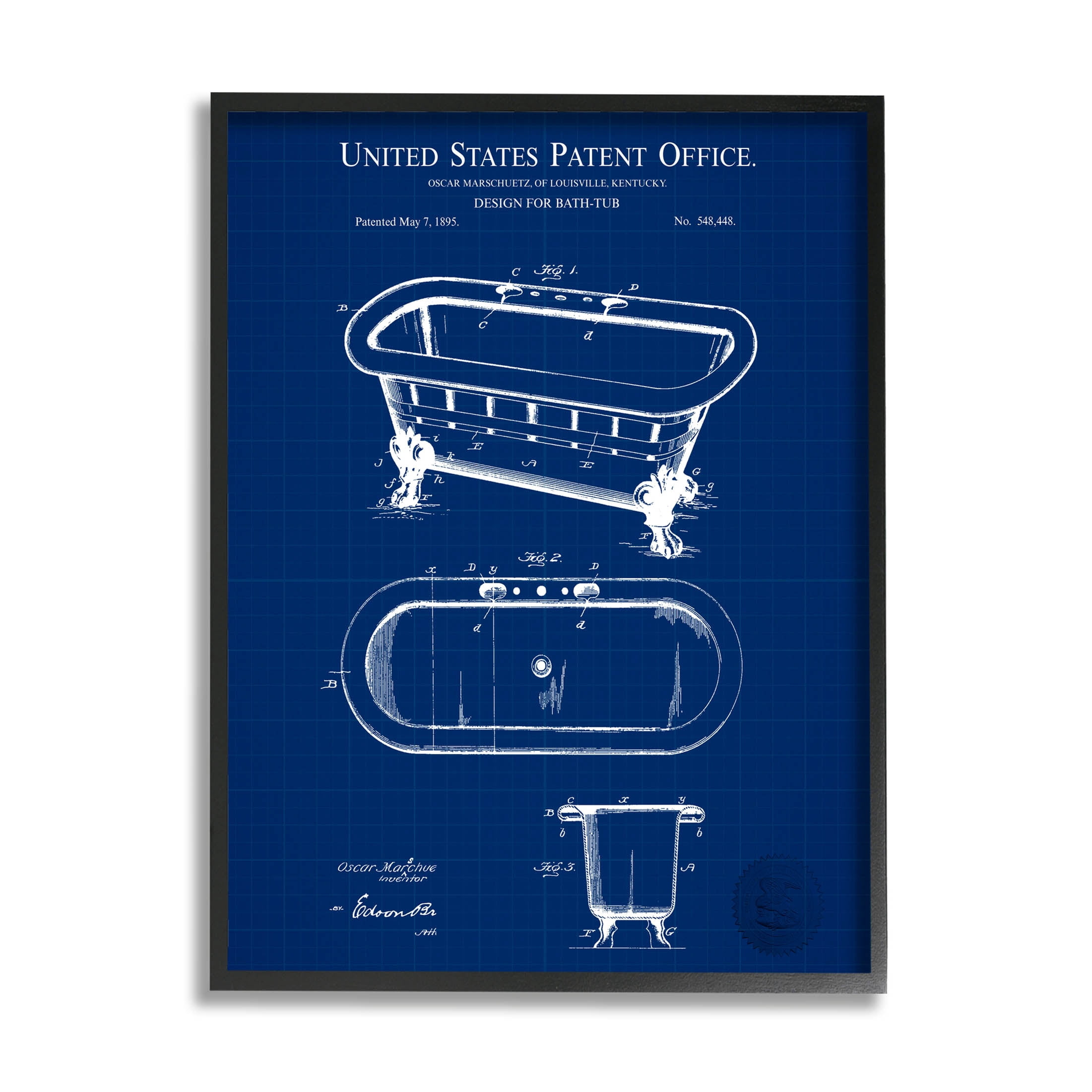 Stupell Industries Blue Bathtub Patent Blueprint Graphic Art Black Framed Art Print Wall Art, Design by Karl Hronek