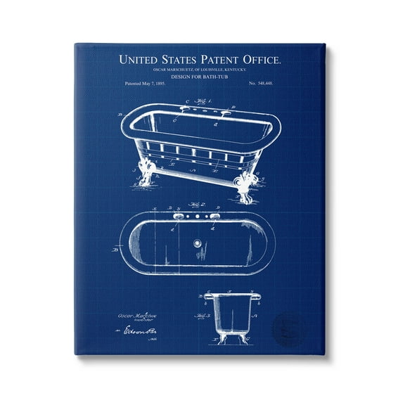 Stupell Industries Blue Bathtub Patent Blueprint Graphic Art Gallery Wrapped Canvas Print Wall Art, Design by Karl Hronek