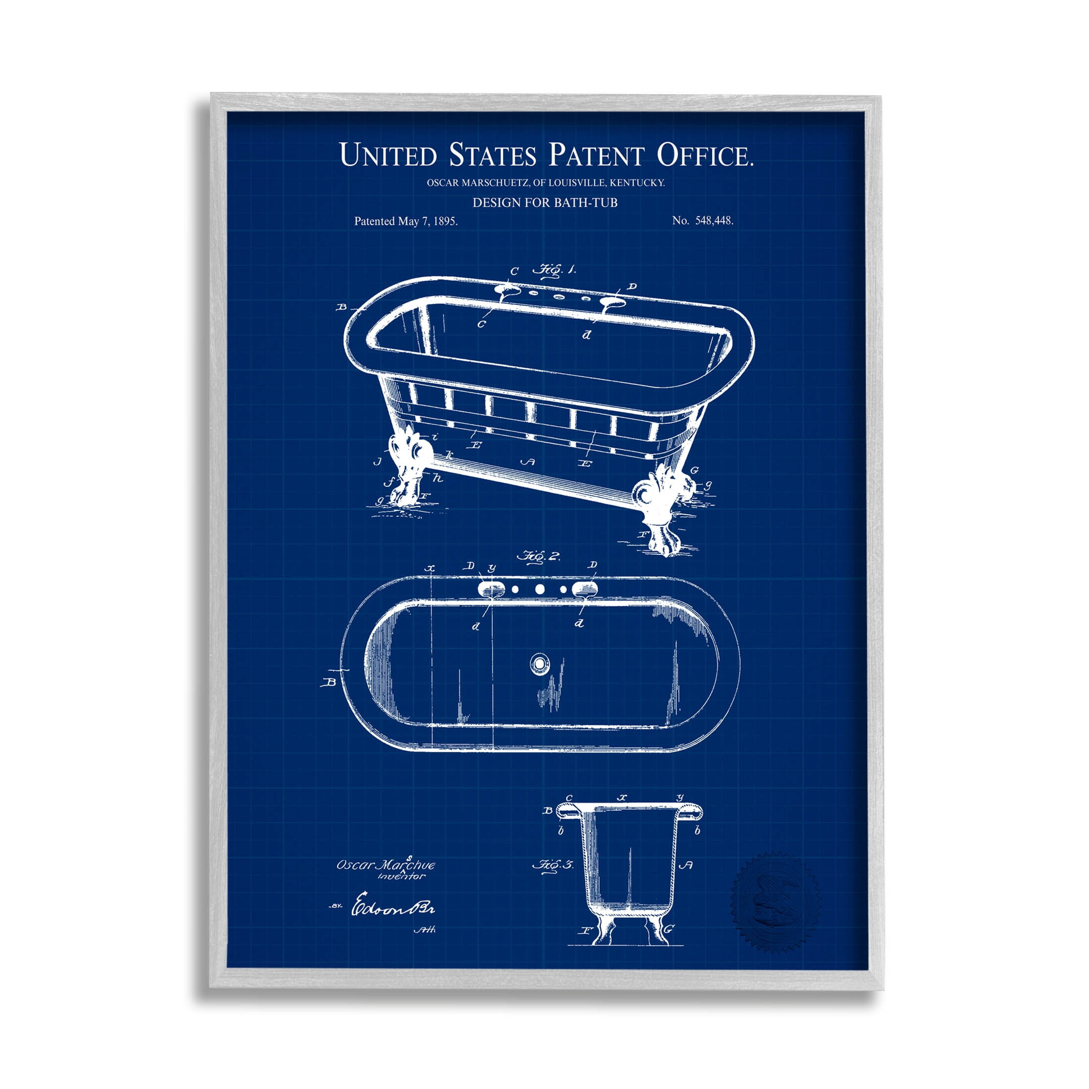 Stupell Industries Blue Bathtub Patent Blueprint Graphic Art Gray Framed Art Print Wall Art, Design by Karl Hronek