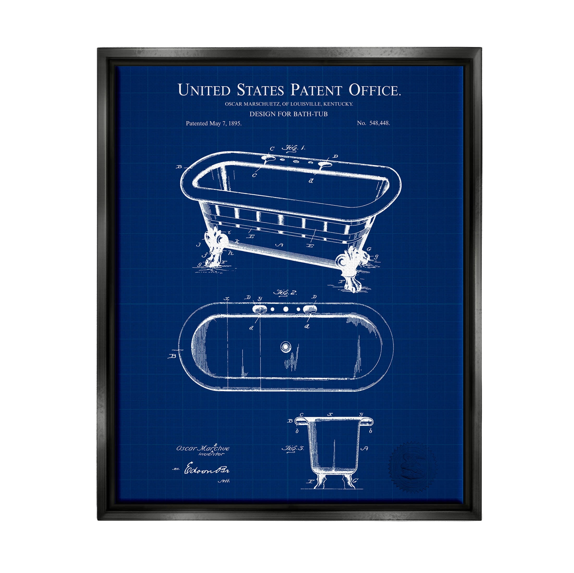 Stupell Industries Blue Bathtub Patent Blueprint Graphic Art Jet Black Floating Framed Canvas Print Wall Art, Design by Karl Hronek