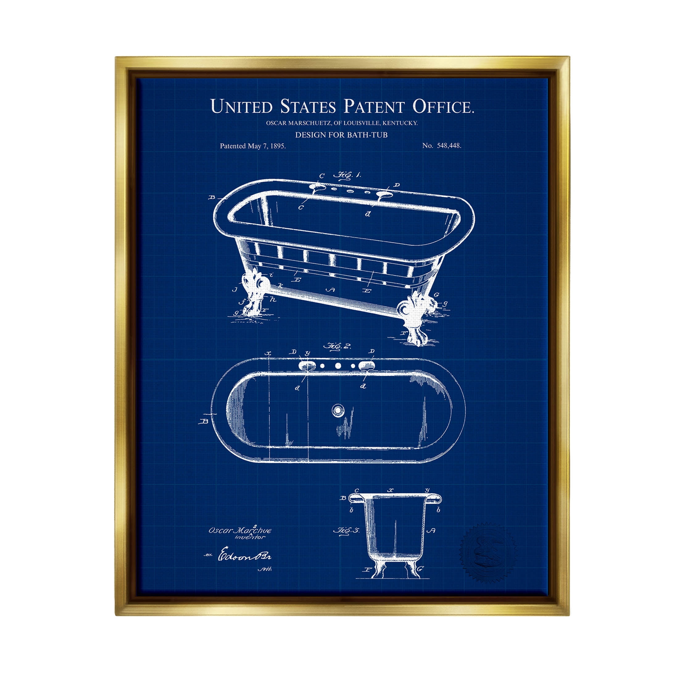 Stupell Industries Blue Bathtub Patent Blueprint Graphic Art Metallic Gold Floating Framed Canvas Print Wall Art, Design by Karl Hronek